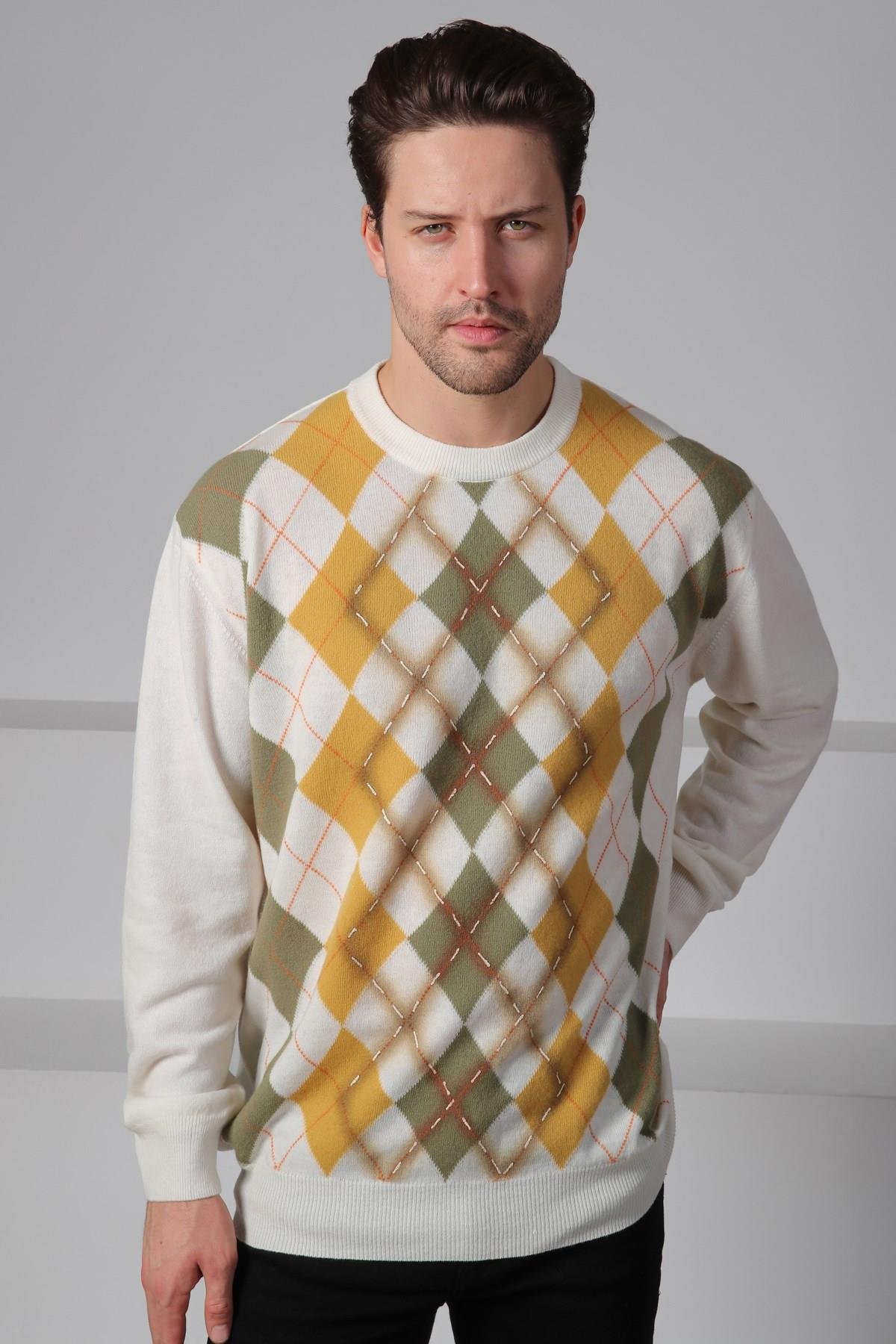 Ferraro Ekru/Çağla Bisiklet Yaka Baklava Desenli Uzun Kollu Yünlü Erkek Triko Kazak