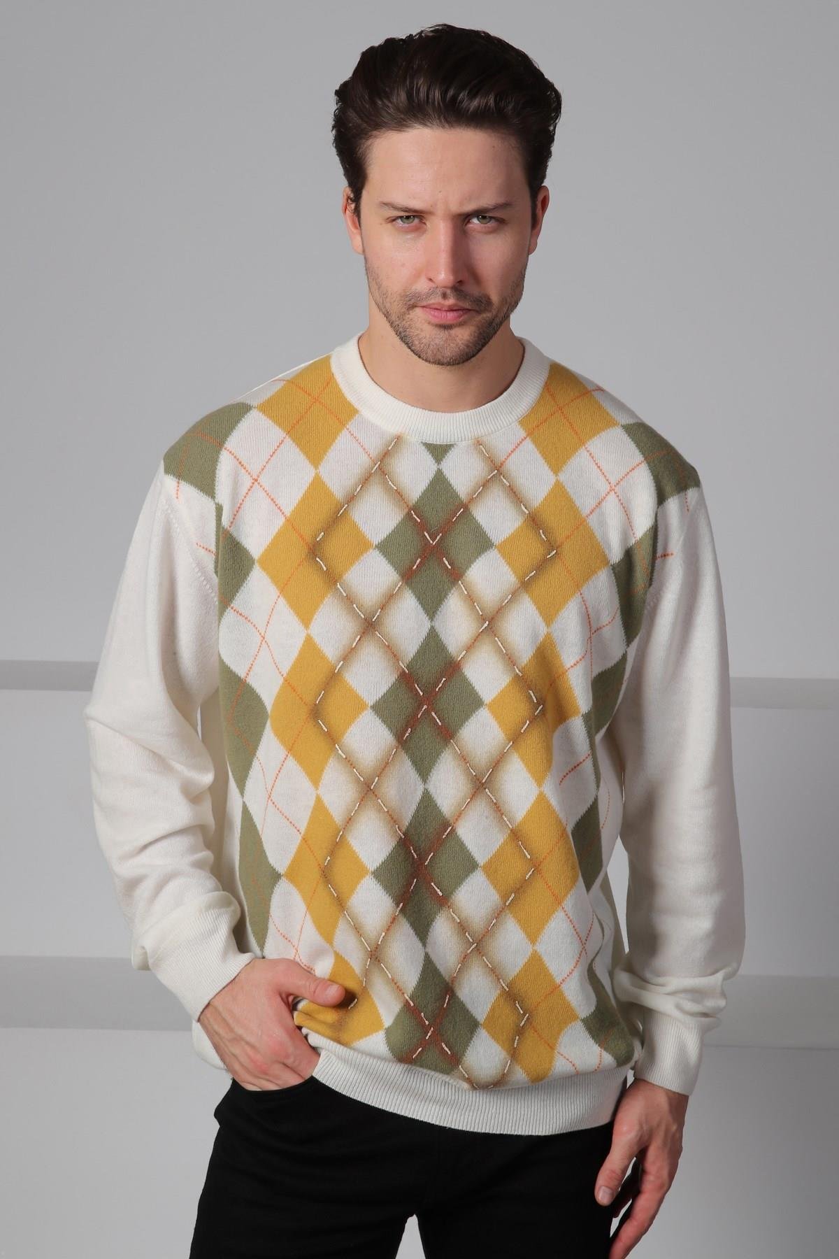 Ferraro Ekru/Çağla Bisiklet Yaka Baklava Desenli Uzun Kollu Yünlü Erkek Triko Kazak