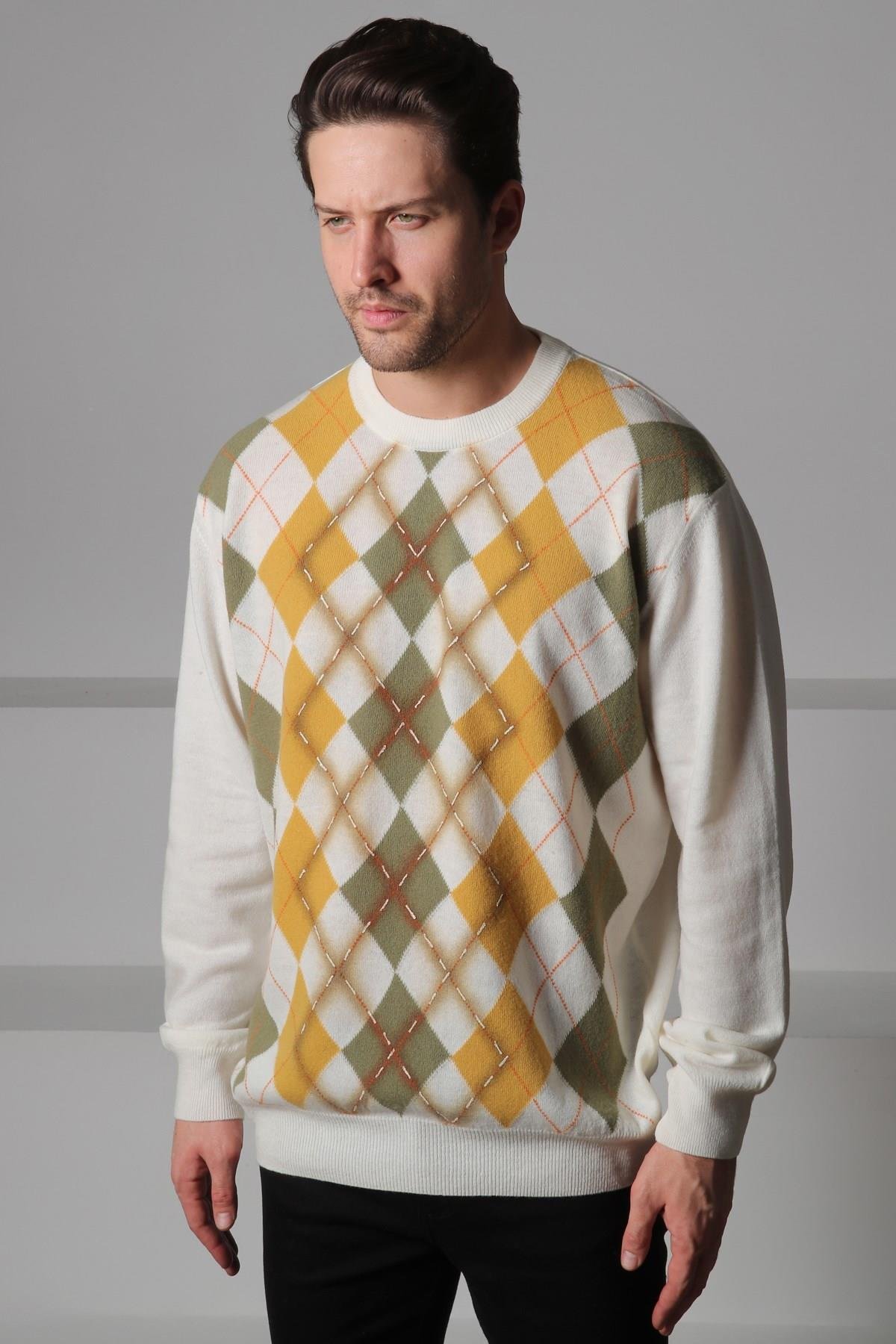 Ferraro Ekru/Çağla Bisiklet Yaka Baklava Desenli Uzun Kollu Yünlü Erkek Triko Kazak