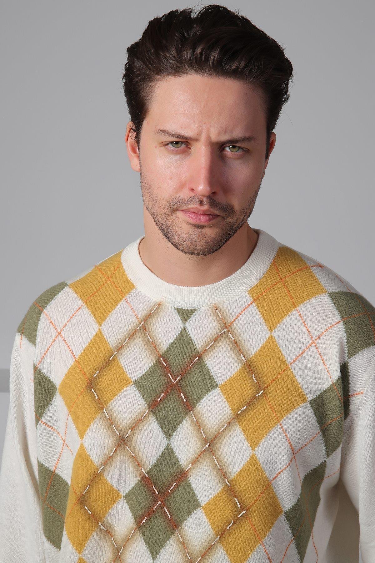 Ferraro Ekru/Çağla Bisiklet Yaka Baklava Desenli Uzun Kollu Yünlü Erkek Triko Kazak