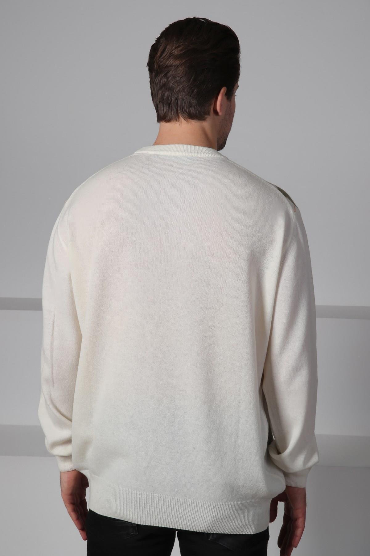 Ferraro Ekru/Çağla Bisiklet Yaka Baklava Desenli Uzun Kollu Yünlü Erkek Triko Kazak