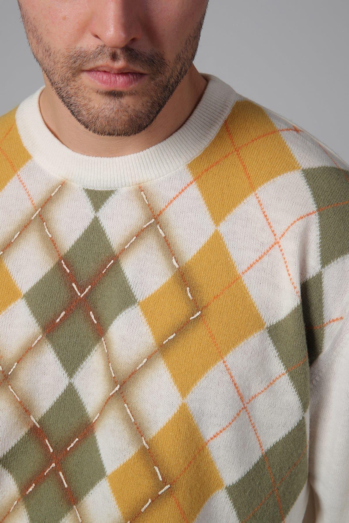 Ferraro Ekru/Çağla Bisiklet Yaka Baklava Desenli Uzun Kollu Yünlü Erkek Triko Kazak