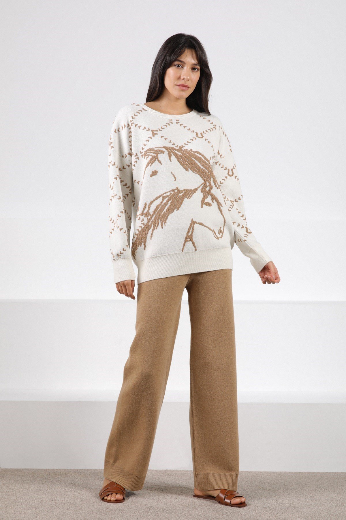 Ferraro Ekru/Camel Uzun Kollu Bisiklet Yaka Kaşmirli Kadın Triko Kazak