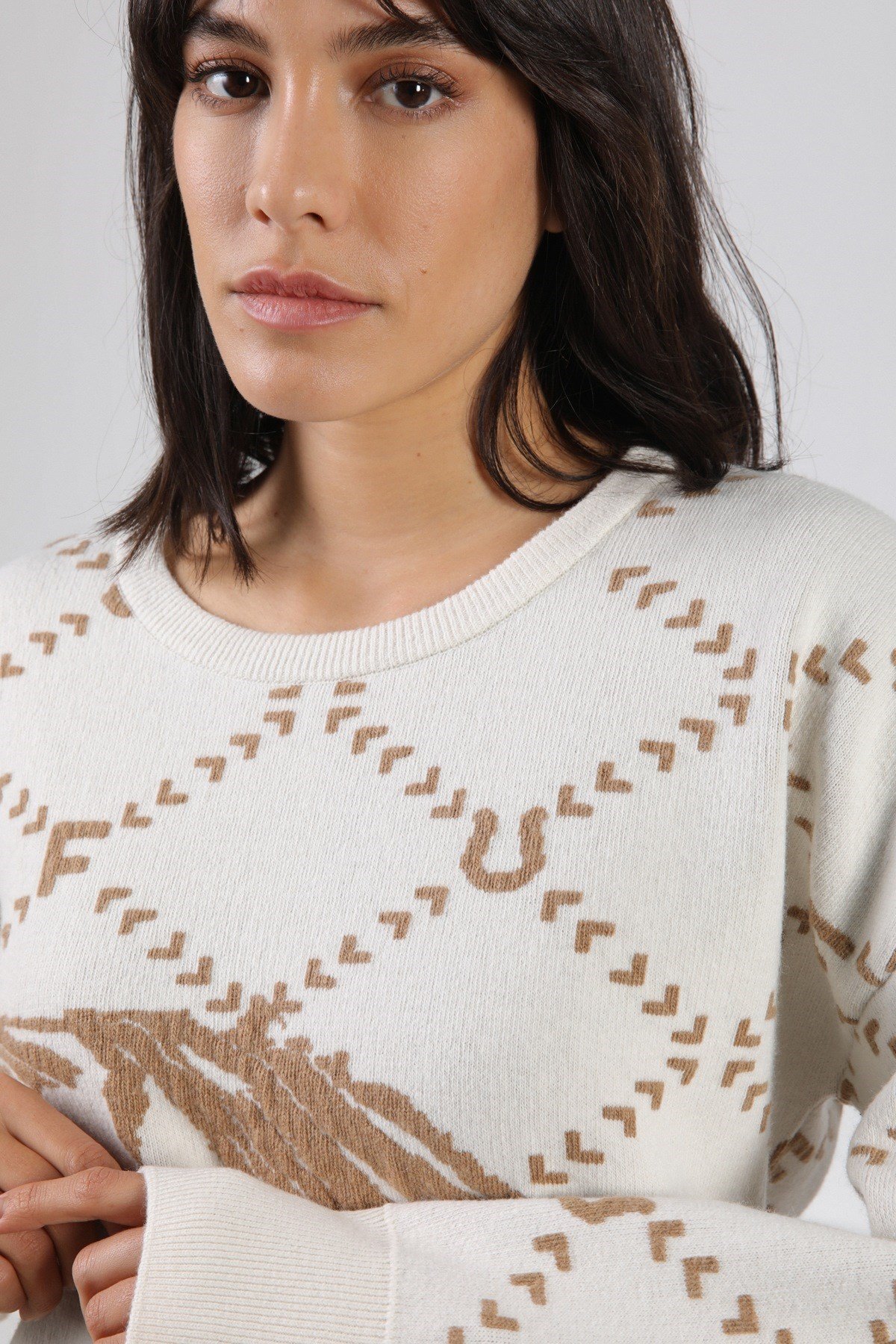 Ferraro Ekru/Camel Uzun Kollu Bisiklet Yaka Kaşmirli Kadın Triko Kazak