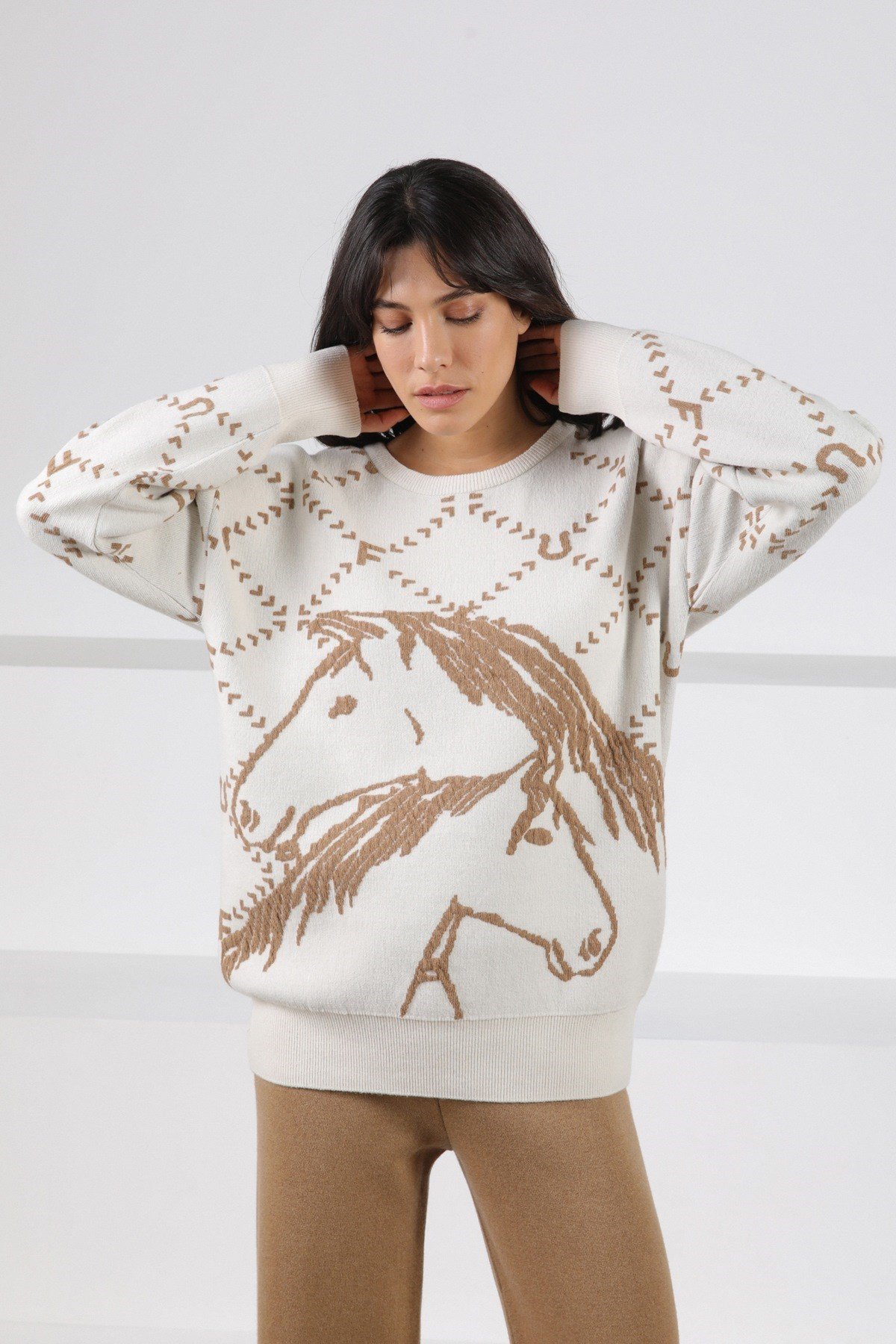 Ferraro Ekru/Camel Uzun Kollu Bisiklet Yaka Kaşmirli Kadın Triko Kazak