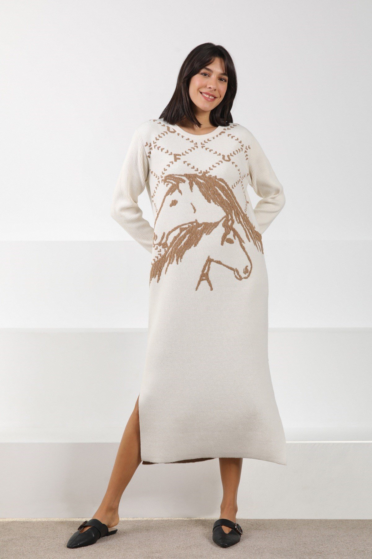 Ferraro Ekru/Camel Uzun Kollu Bisiklet Yaka Kaşmirli Kadın Triko Elbise