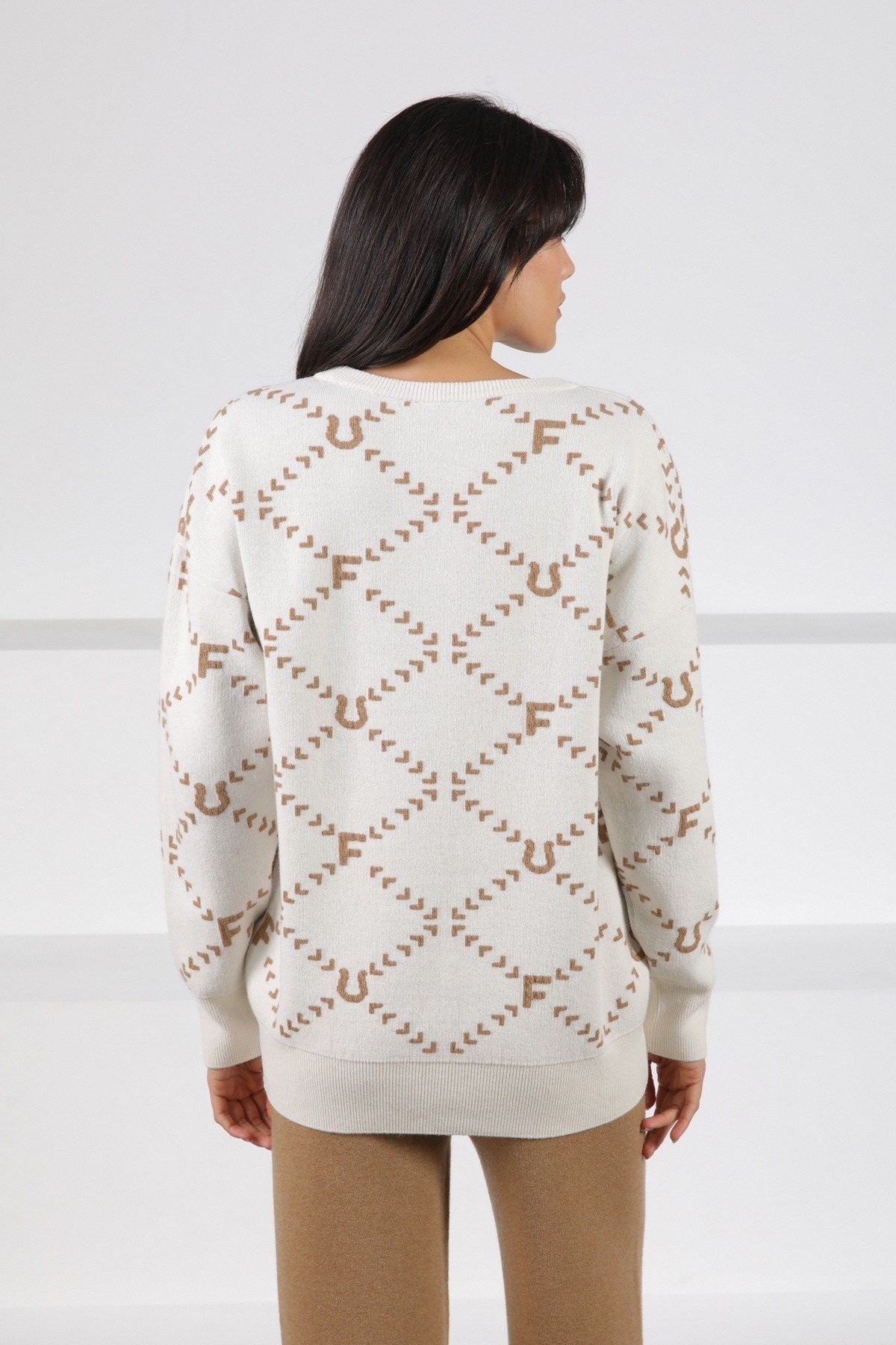 Ferraro Ekru/Camel Uzun Kollu Bisiklet Yaka Kaşmirli Kadın Triko Kazak