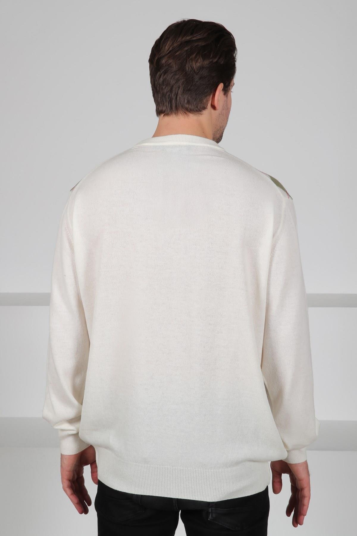 Ferraro Ekru/Fıstık Bisiklet Yaka Baklava Desenli Uzun Kollu Yünlü Erkek Triko Kazak