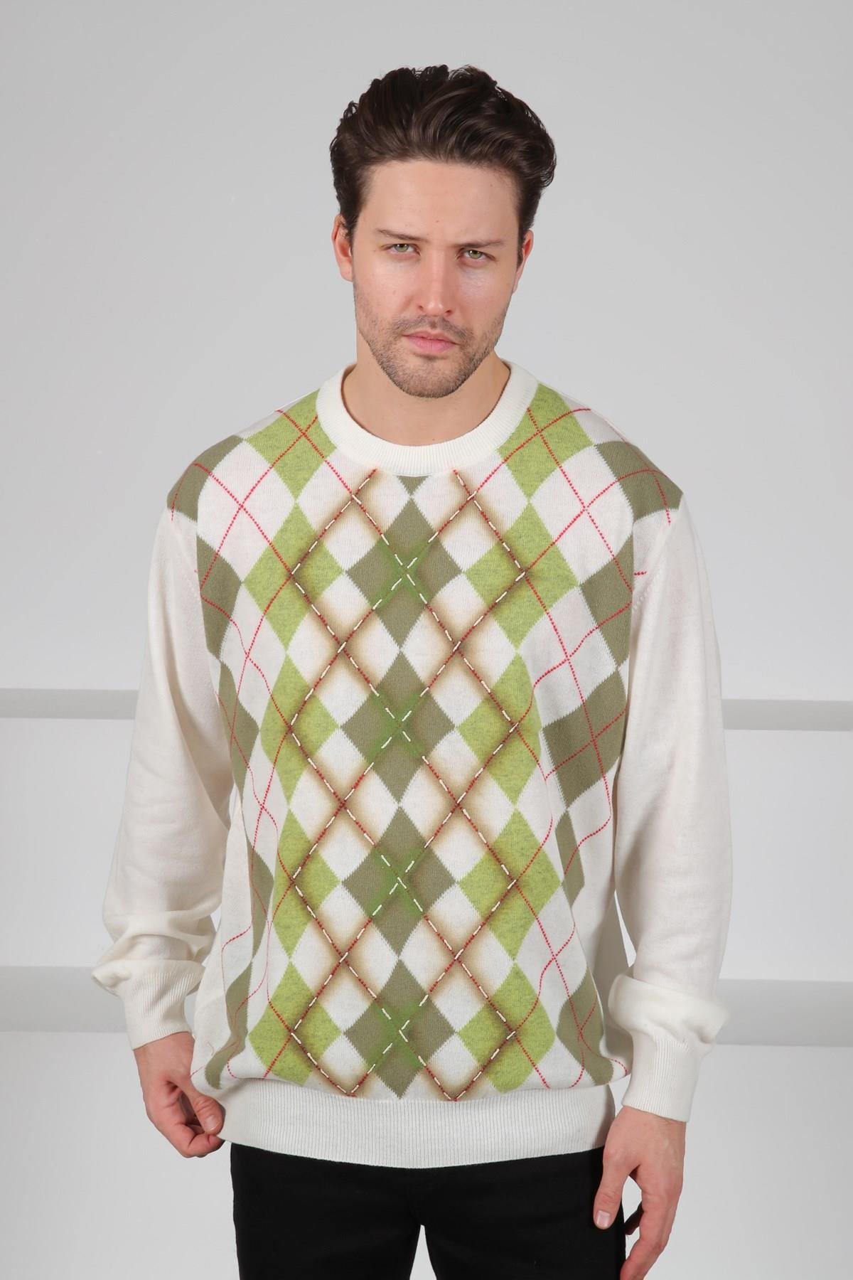 Ferraro Ekru/Fıstık Bisiklet Yaka Baklava Desenli Uzun Kollu Yünlü Erkek Triko Kazak