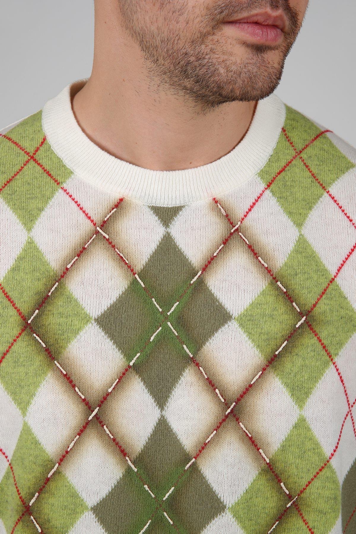 Ferraro Ekru/Fıstık Bisiklet Yaka Baklava Desenli Uzun Kollu Yünlü Erkek Triko Kazak