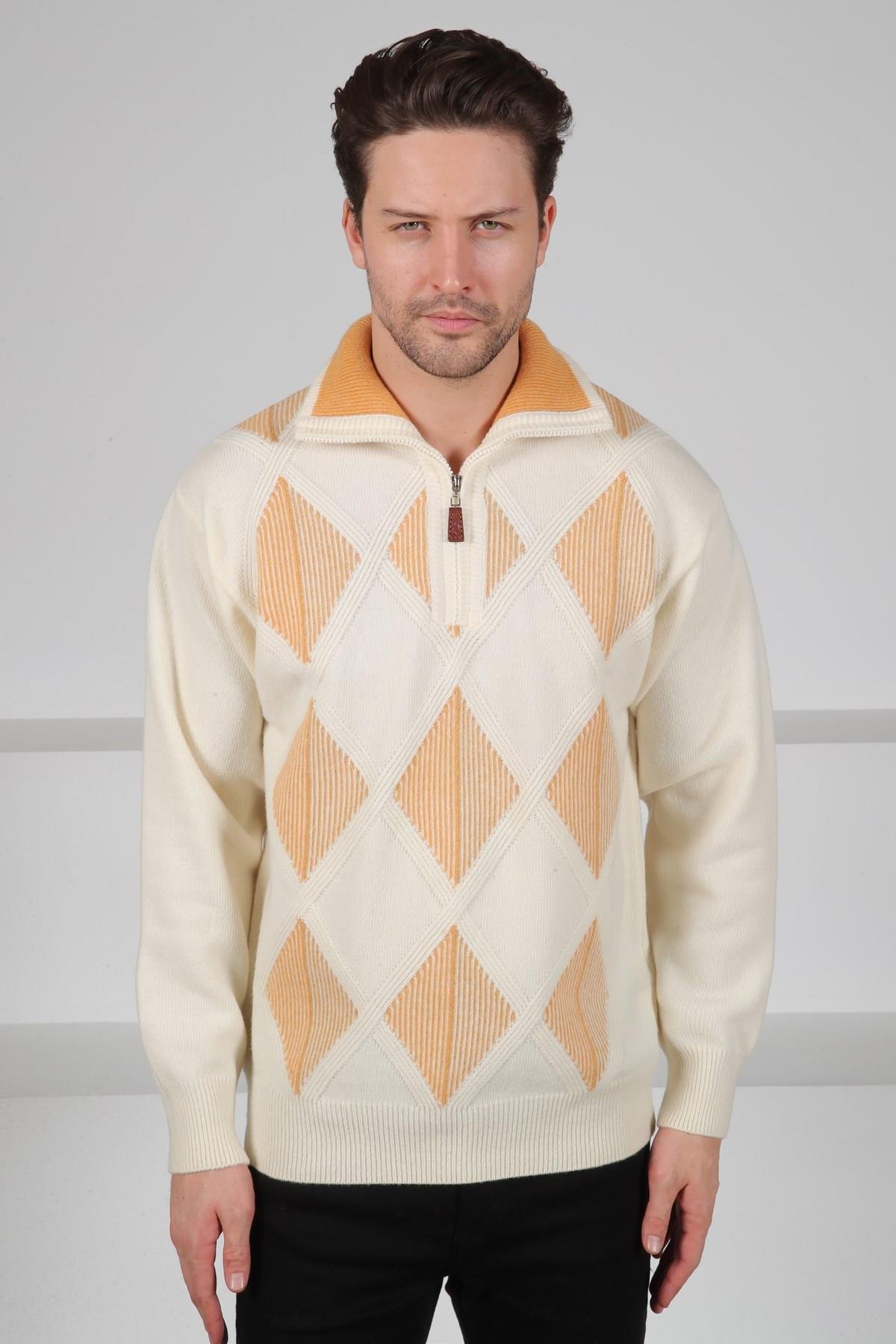Ferraro Ekru/Hardal Balıkçı Yaka Fermuarlı Baklava Desenli Uzun Kollu %100 Kuzu Yünü Erkek Triko Kazak