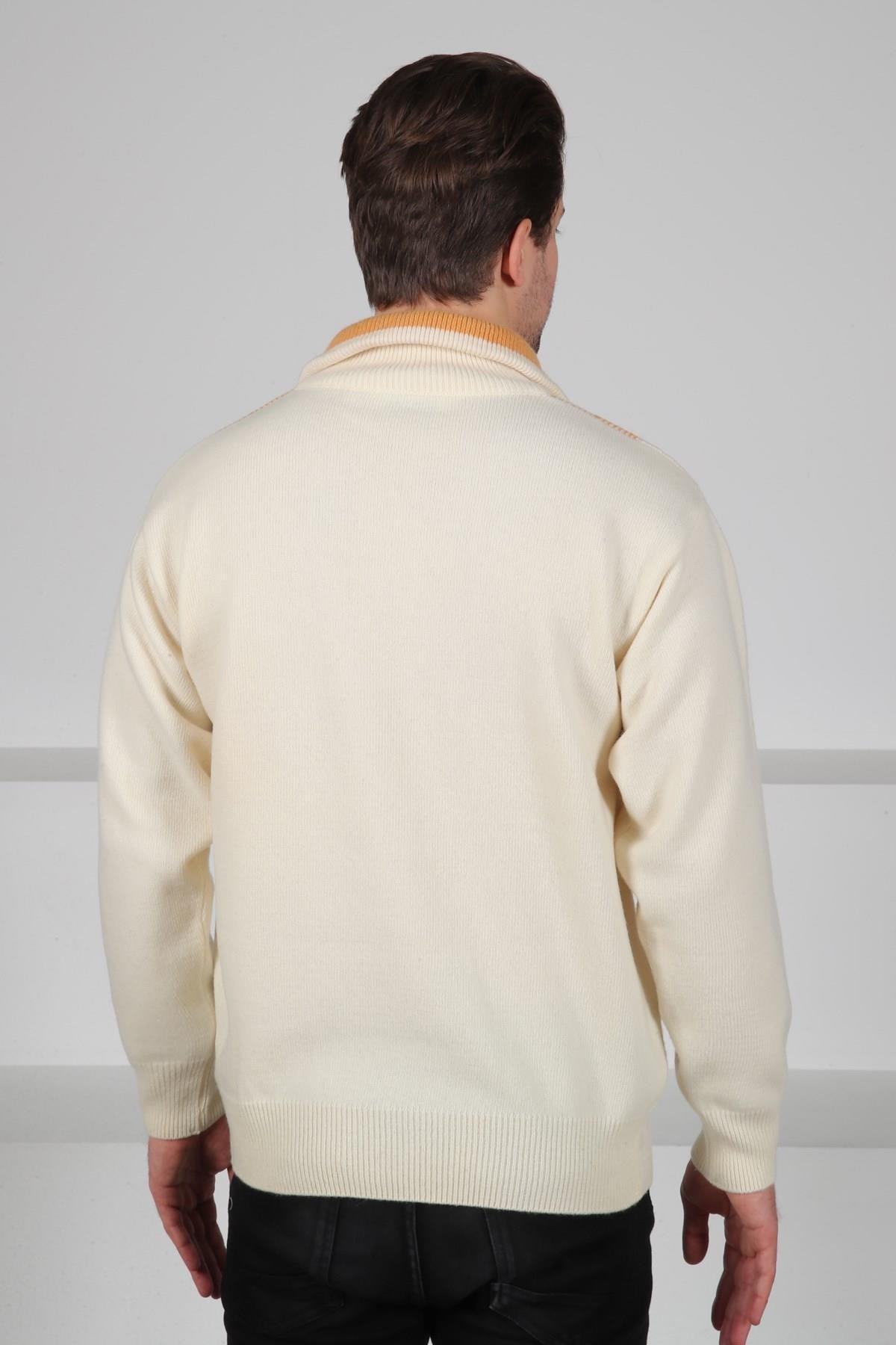 Ferraro Ekru/Hardal Balıkçı Yaka Fermuarlı Baklava Desenli Uzun Kollu %100 Kuzu Yünü Erkek Triko Kazak