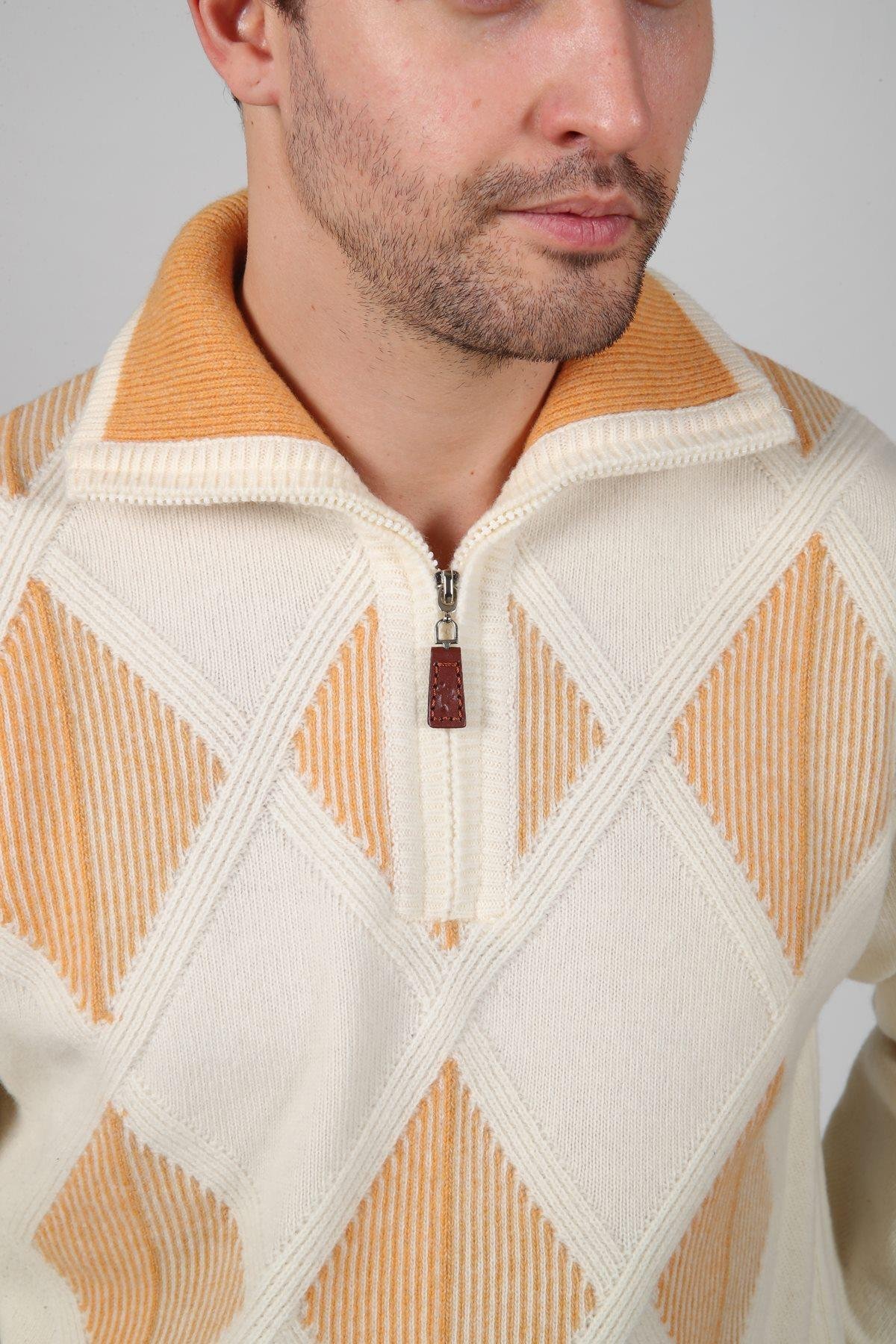 Ferraro Ekru/Hardal Balıkçı Yaka Fermuarlı Baklava Desenli Uzun Kollu %100 Kuzu Yünü Erkek Triko Kazak