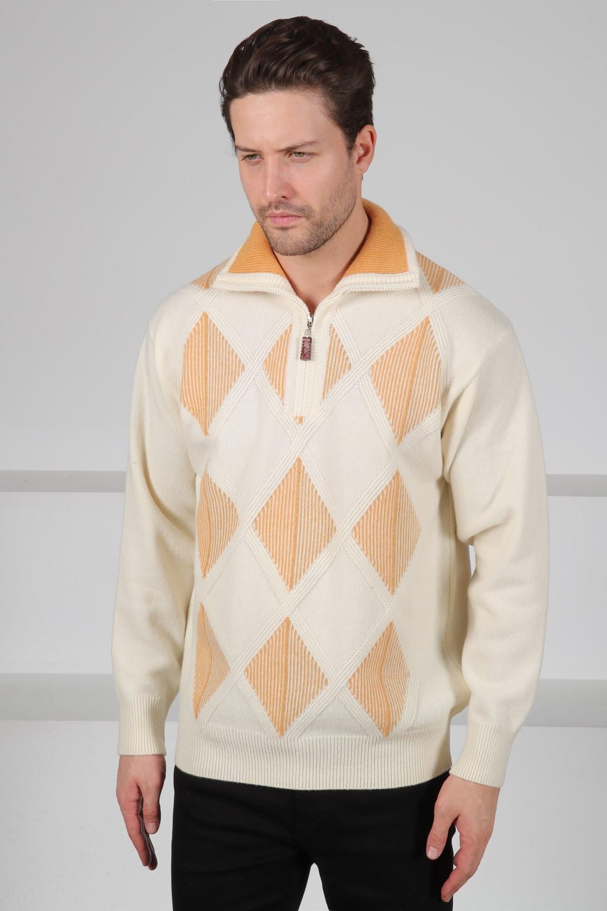 Ferraro Ekru/Hardal Balıkçı Yaka Fermuarlı Baklava Desenli Uzun Kollu %100 Kuzu Yünü Erkek Triko Kazak