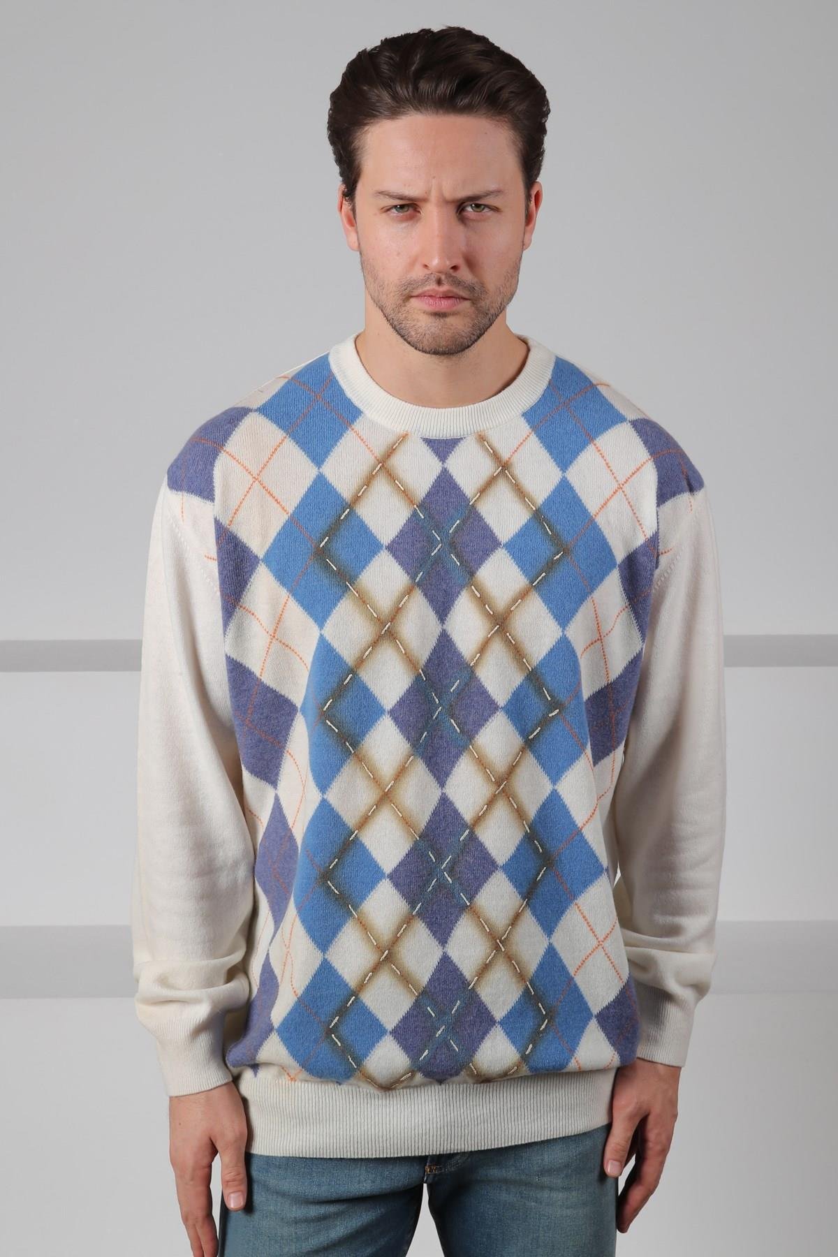 Ferraro Ekru/İndigo Bisiklet Yaka Baklava Desenli Uzun Kollu Yünlü Erkek Triko Kazak