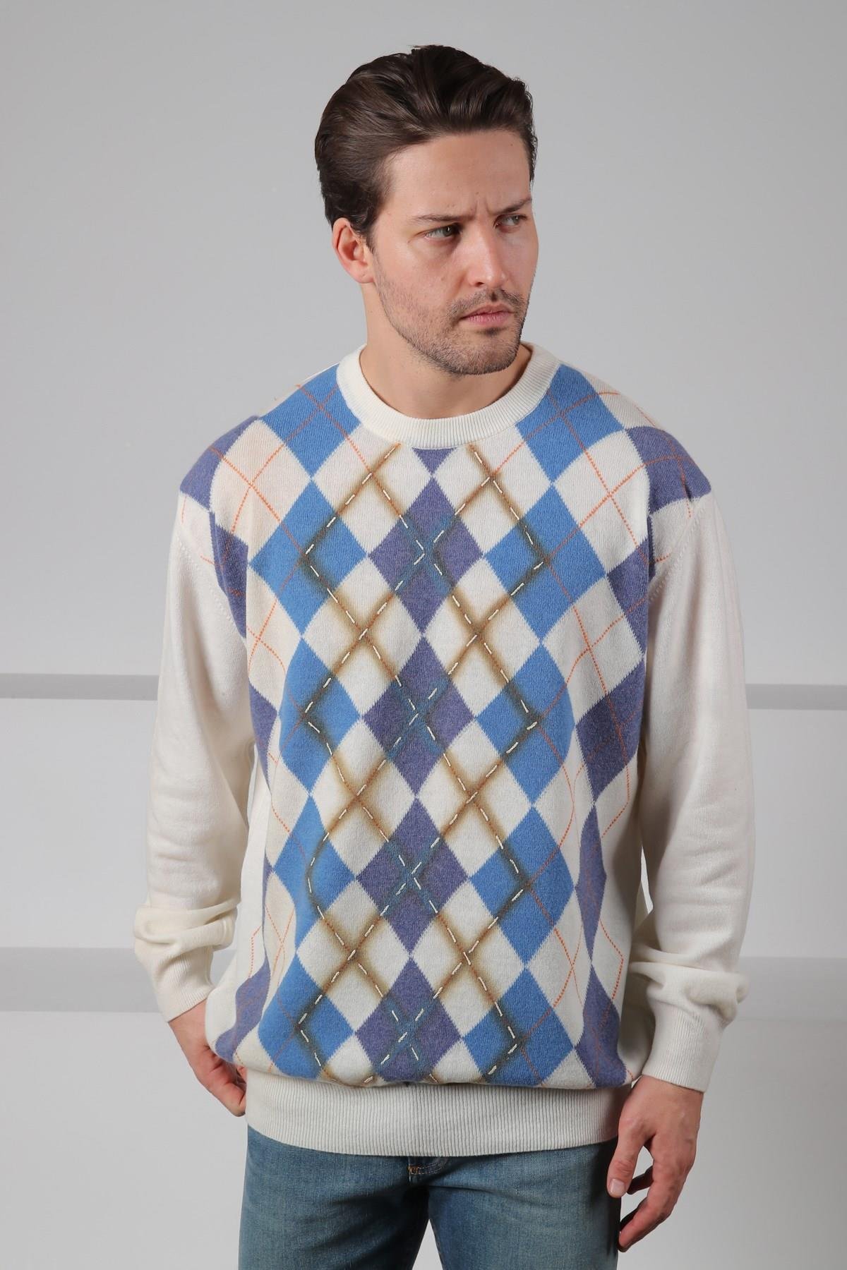 Ferraro Ekru/İndigo Bisiklet Yaka Baklava Desenli Uzun Kollu Yünlü Erkek Triko Kazak