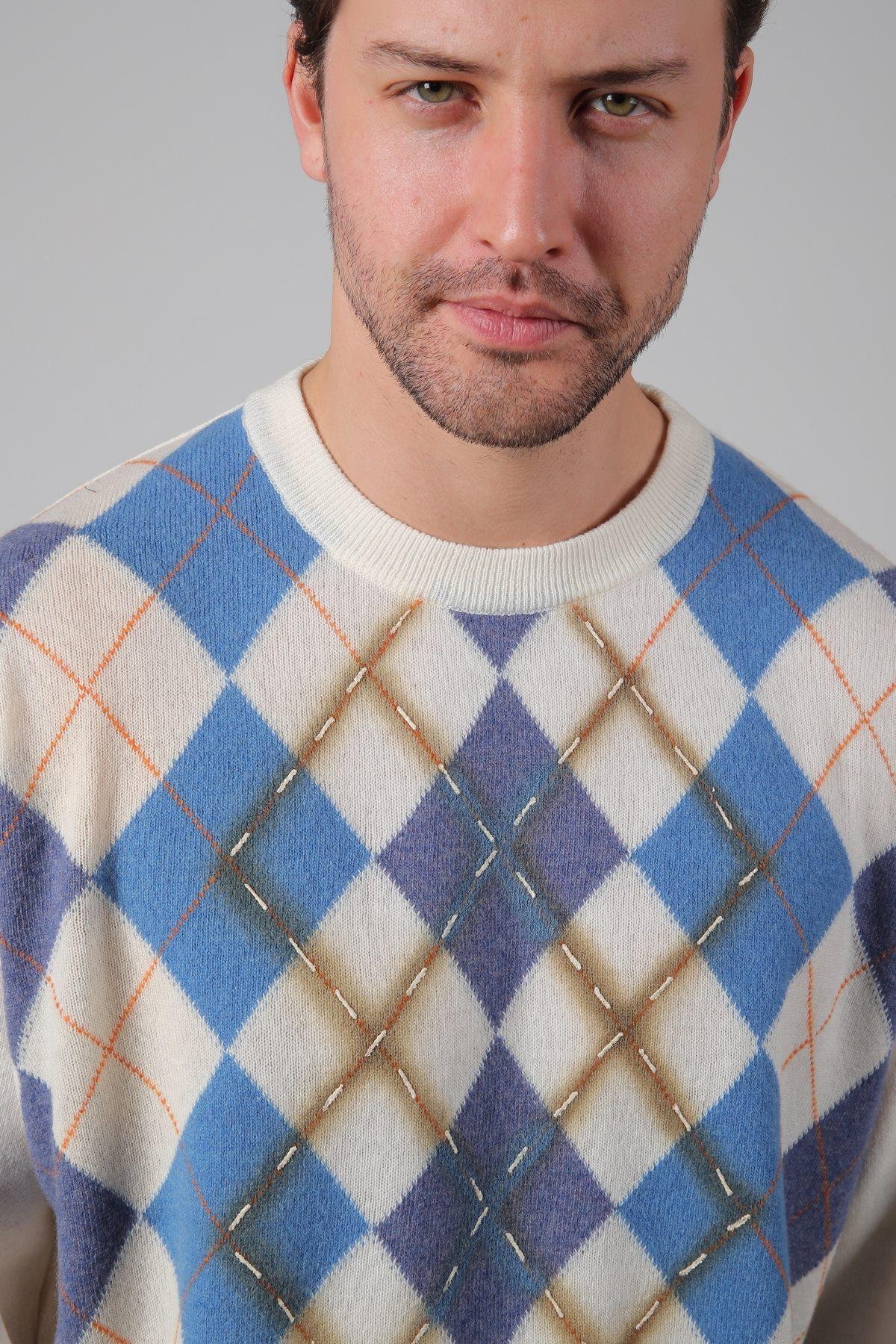 Ferraro Ekru/İndigo Bisiklet Yaka Baklava Desenli Uzun Kollu Yünlü Erkek Triko Kazak