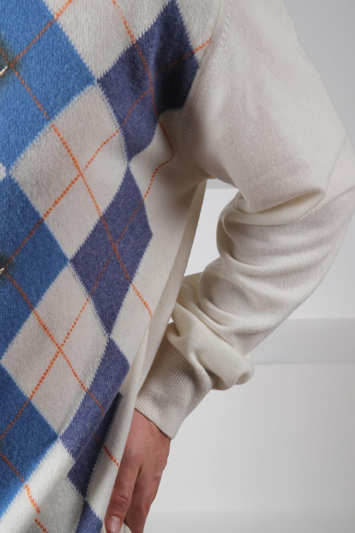 Ferraro Ekru/İndigo Bisiklet Yaka Baklava Desenli Uzun Kollu Yünlü Erkek Triko Kazak