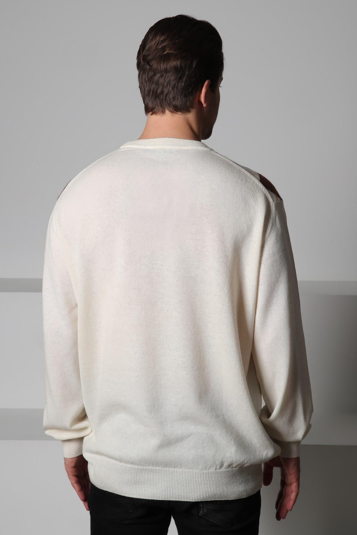 Ferraro Ekru/Kahve Bisiklet Yaka Baklava Desenli Uzun Kollu Yünlü Erkek Triko Kazak