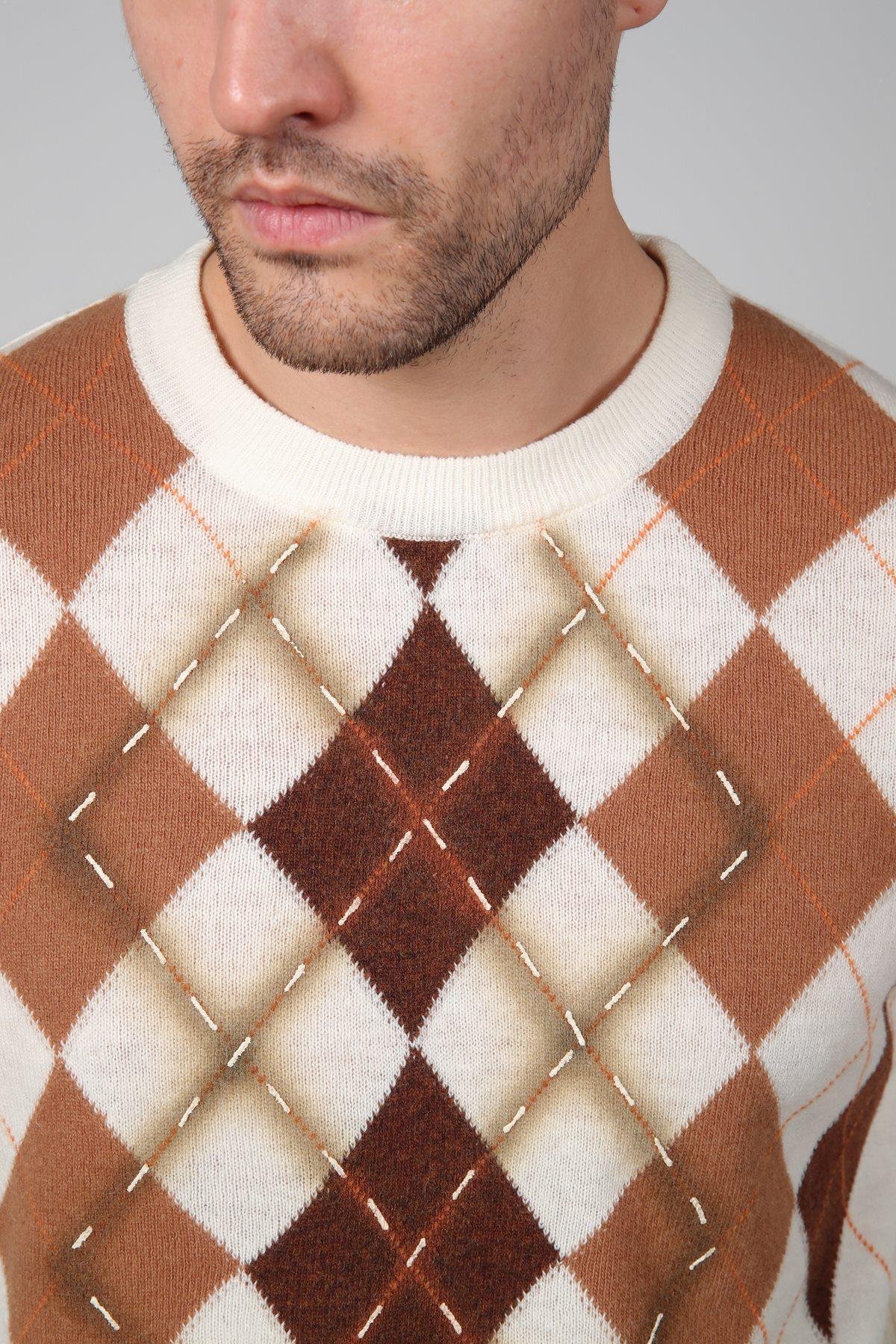 Ferraro Ekru/Kahve Bisiklet Yaka Baklava Desenli Uzun Kollu Yünlü Erkek Triko Kazak