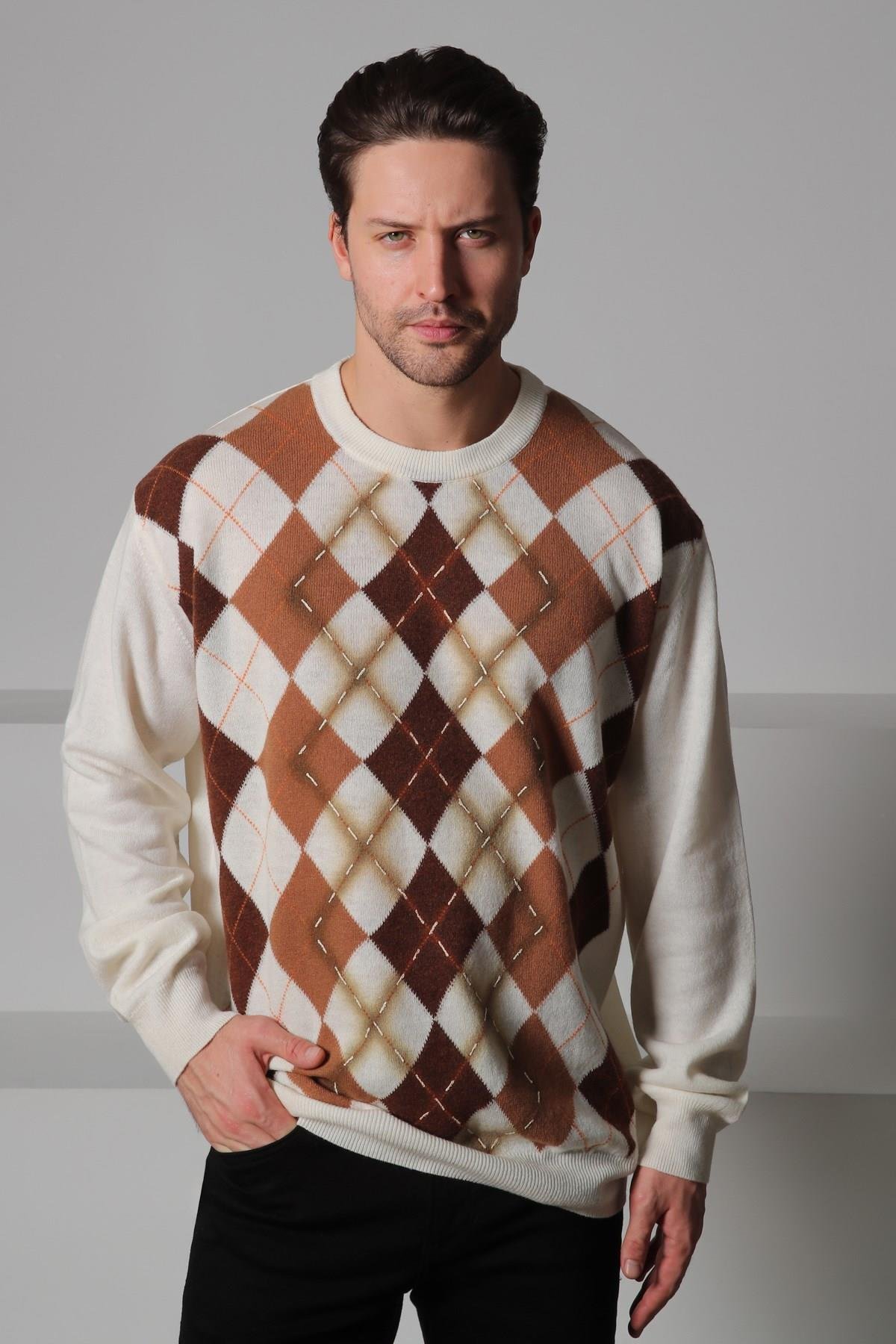 Ferraro Ekru/Kahve Bisiklet Yaka Baklava Desenli Uzun Kollu Yünlü Erkek Triko Kazak