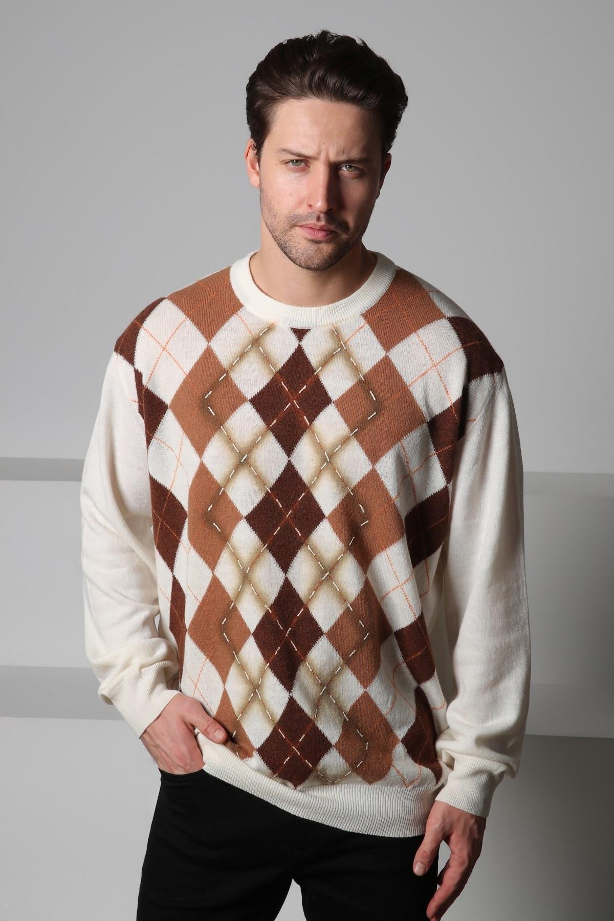 Ferraro Ekru/Kahve Bisiklet Yaka Baklava Desenli Uzun Kollu Yünlü Erkek Triko Kazak