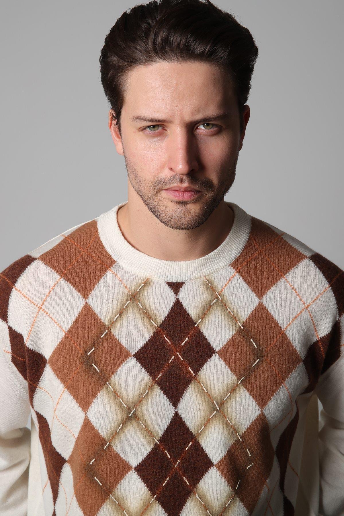 Ferraro Ekru/Kahve Bisiklet Yaka Baklava Desenli Uzun Kollu Yünlü Erkek Triko Kazak