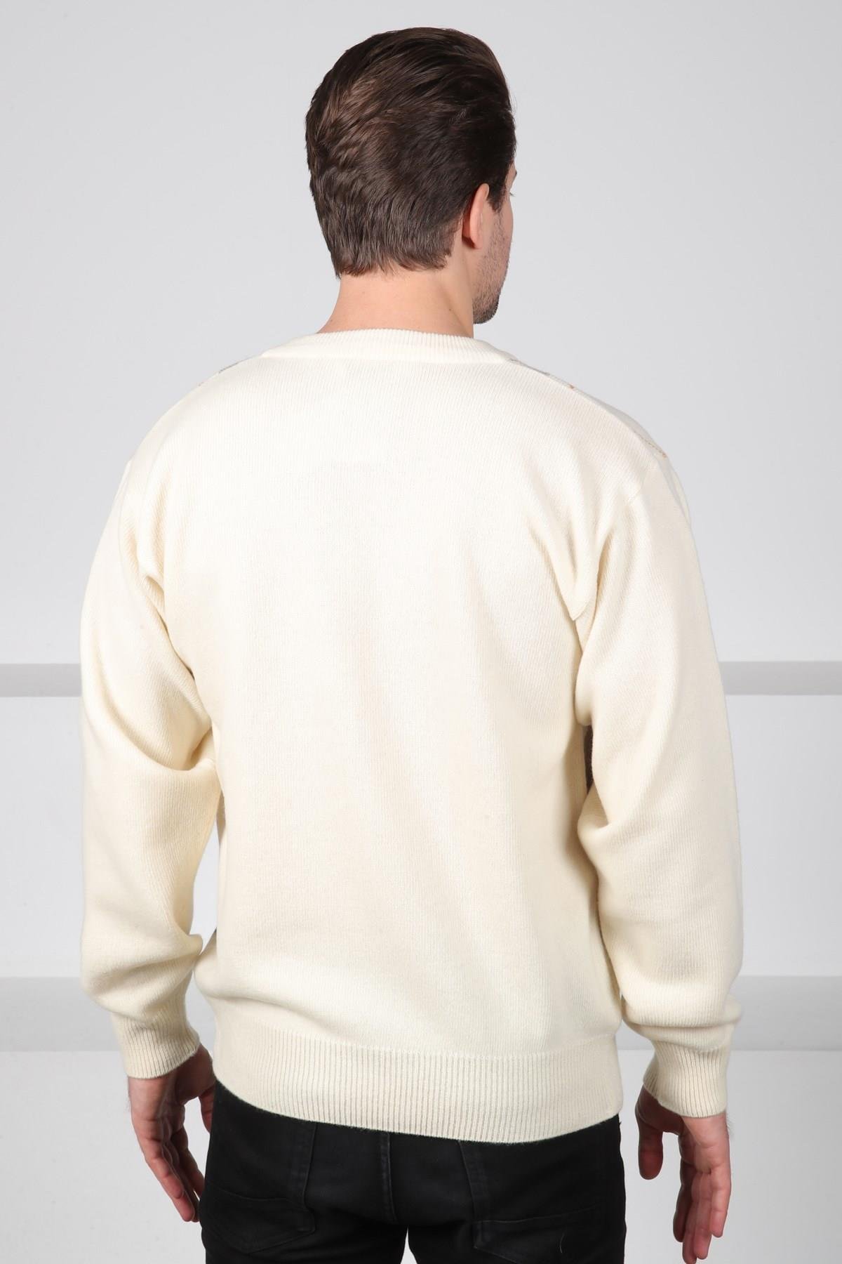 Ferraro Ekru/Kahve V Yaka Kahve Baklava Desenli Uzun Kollu %100 Kuzu Yünü Erkek Triko Kazak