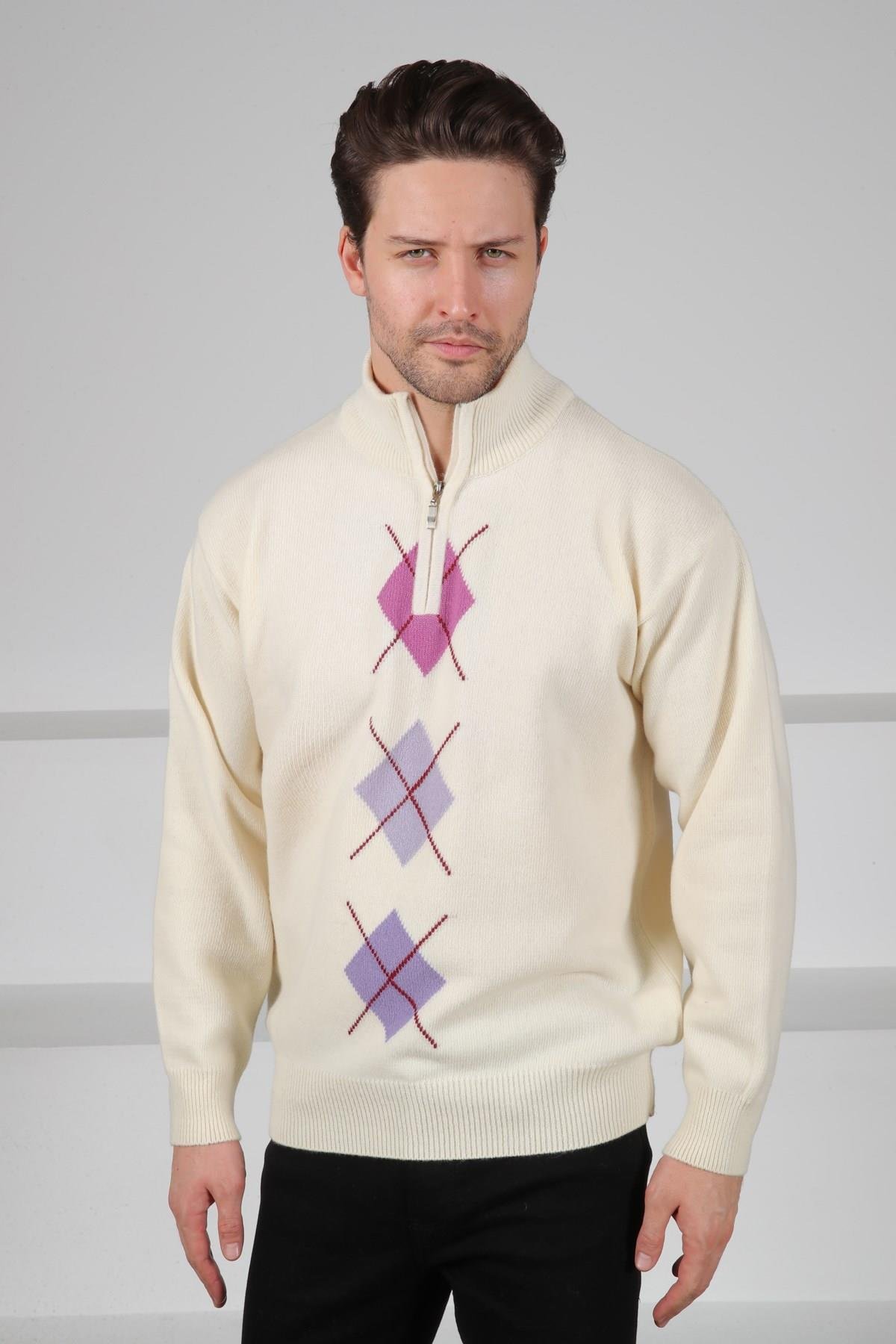 Ferraro Ekru/Lila Balıkçı Yaka Fermuarlı Pembe Lila Desenli Uzun Kollu %100 Kuzu Yünü Erkek Triko Kazak