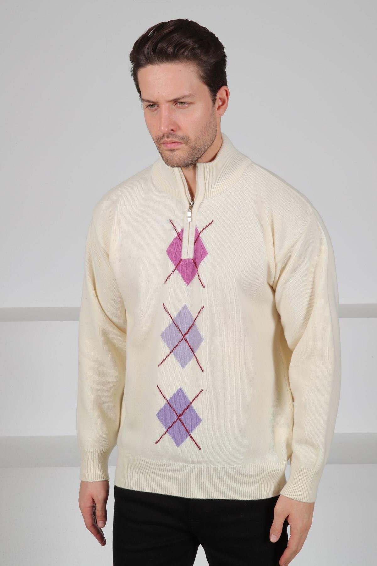 Ferraro Ekru/Lila Balıkçı Yaka Fermuarlı Pembe Lila Desenli Uzun Kollu %100 Kuzu Yünü Erkek Triko Kazak