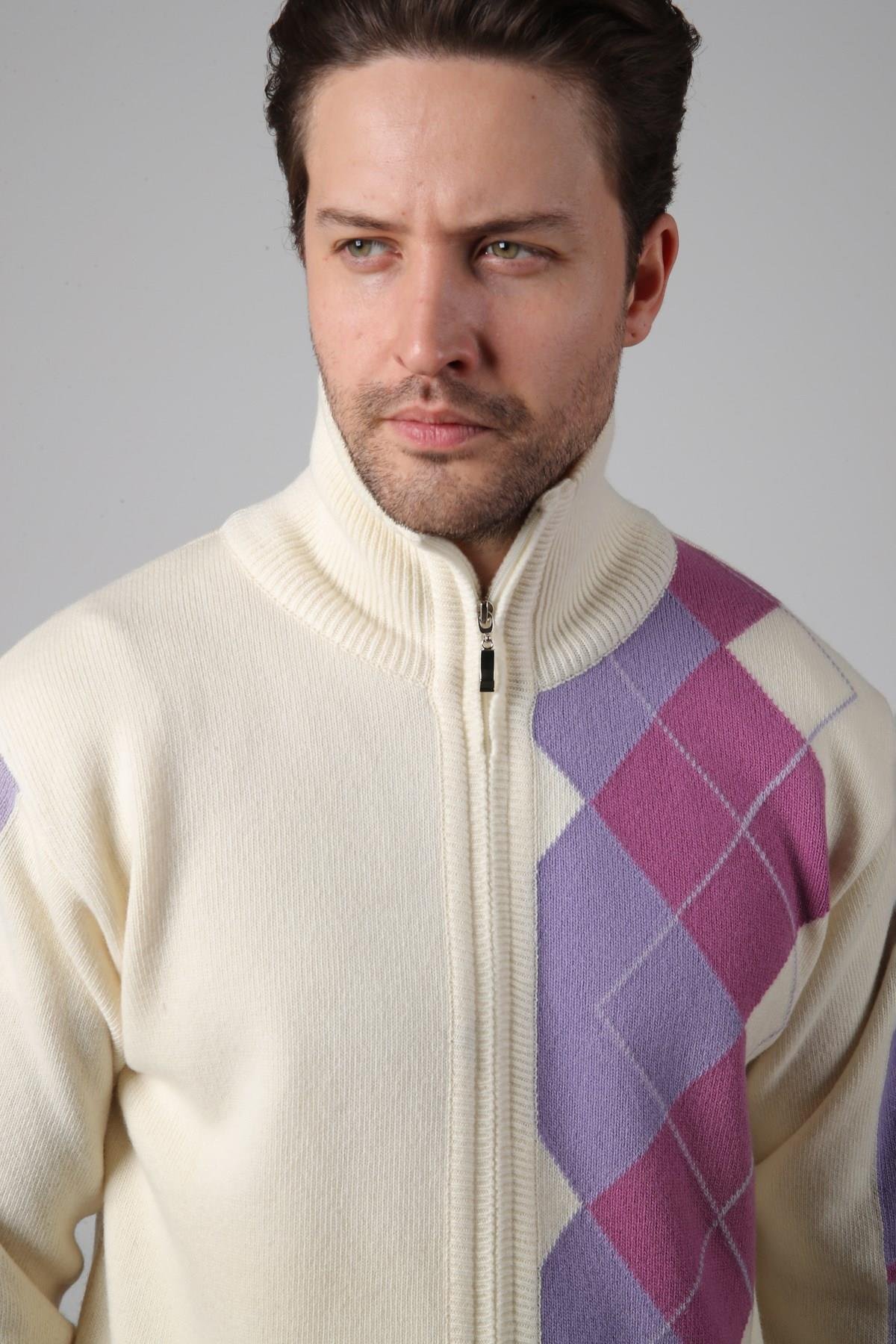 Ferraro Ekru/Lila Balıkçı Yaka Fermuarlı Diyagonal Desenli Uzun Kollu %100 Kuzu Yünü Erkek Triko Ceket