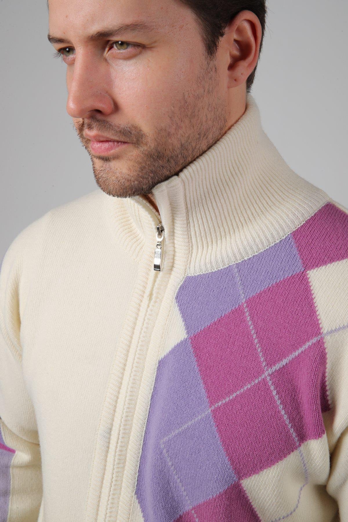 Ferraro Ekru/Lila Balıkçı Yaka Fermuarlı Diyagonal Desenli Uzun Kollu %100 Kuzu Yünü Erkek Triko Ceket