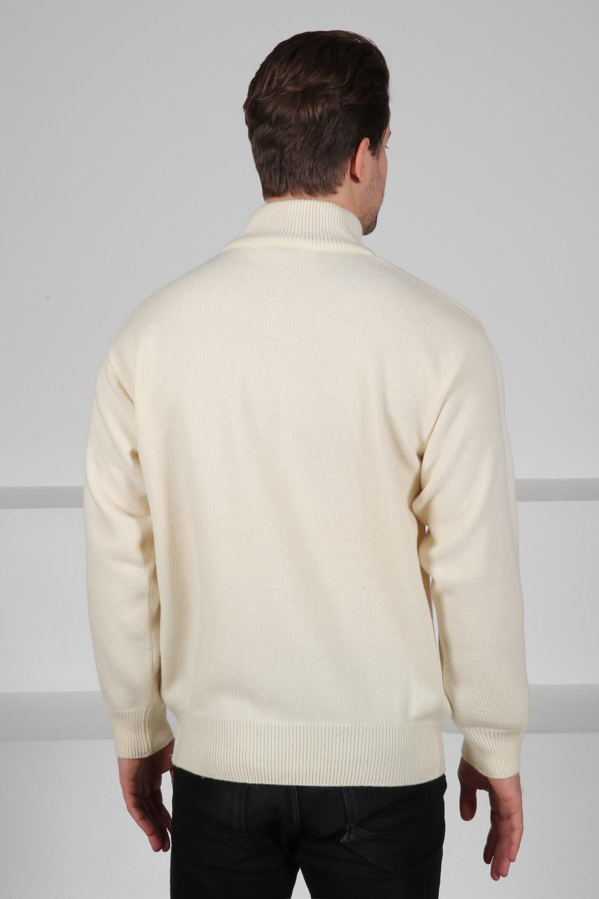 Ferraro Ekru/Lila Balıkçı Yaka Fermuarlı Pembe Lila Desenli Uzun Kollu %100 Kuzu Yünü Erkek Triko Kazak