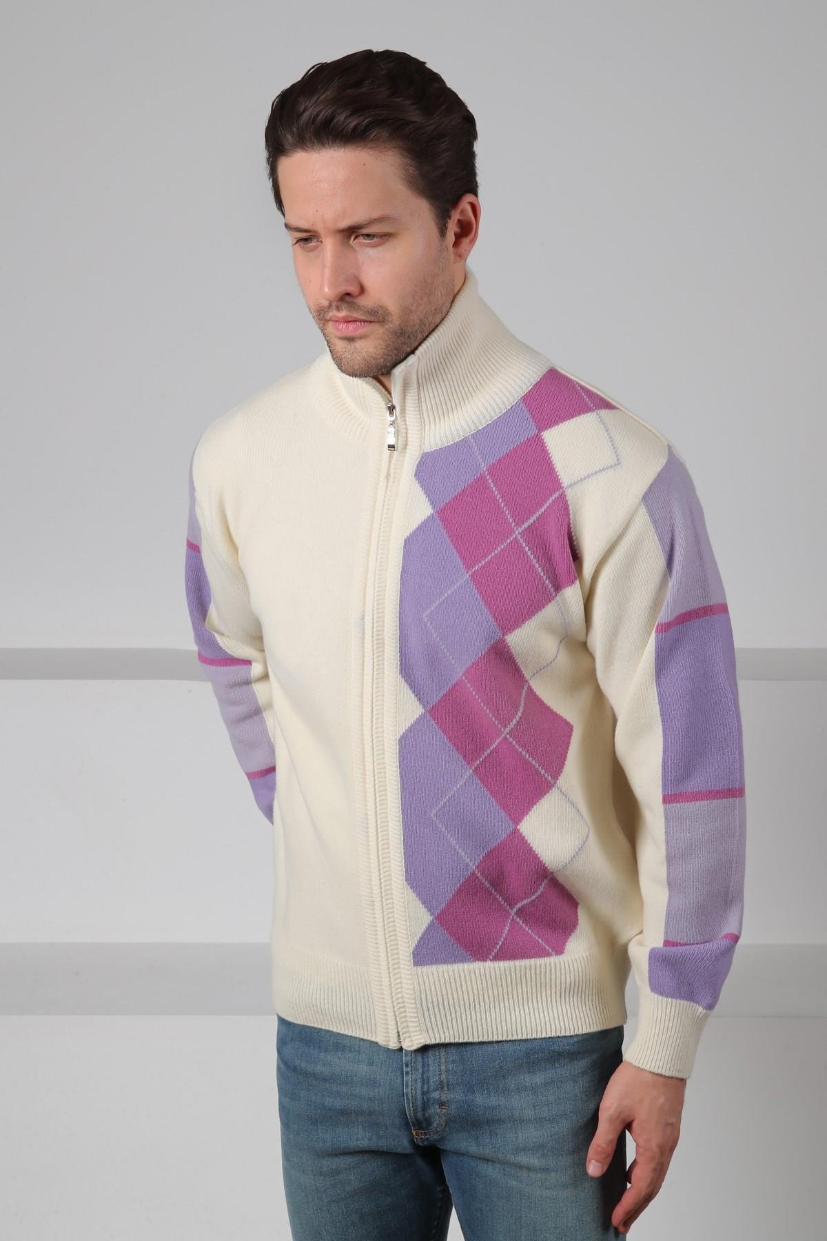 Ferraro Ekru/Lila Balıkçı Yaka Fermuarlı Diyagonal Desenli Uzun Kollu %100 Kuzu Yünü Erkek Triko Ceket