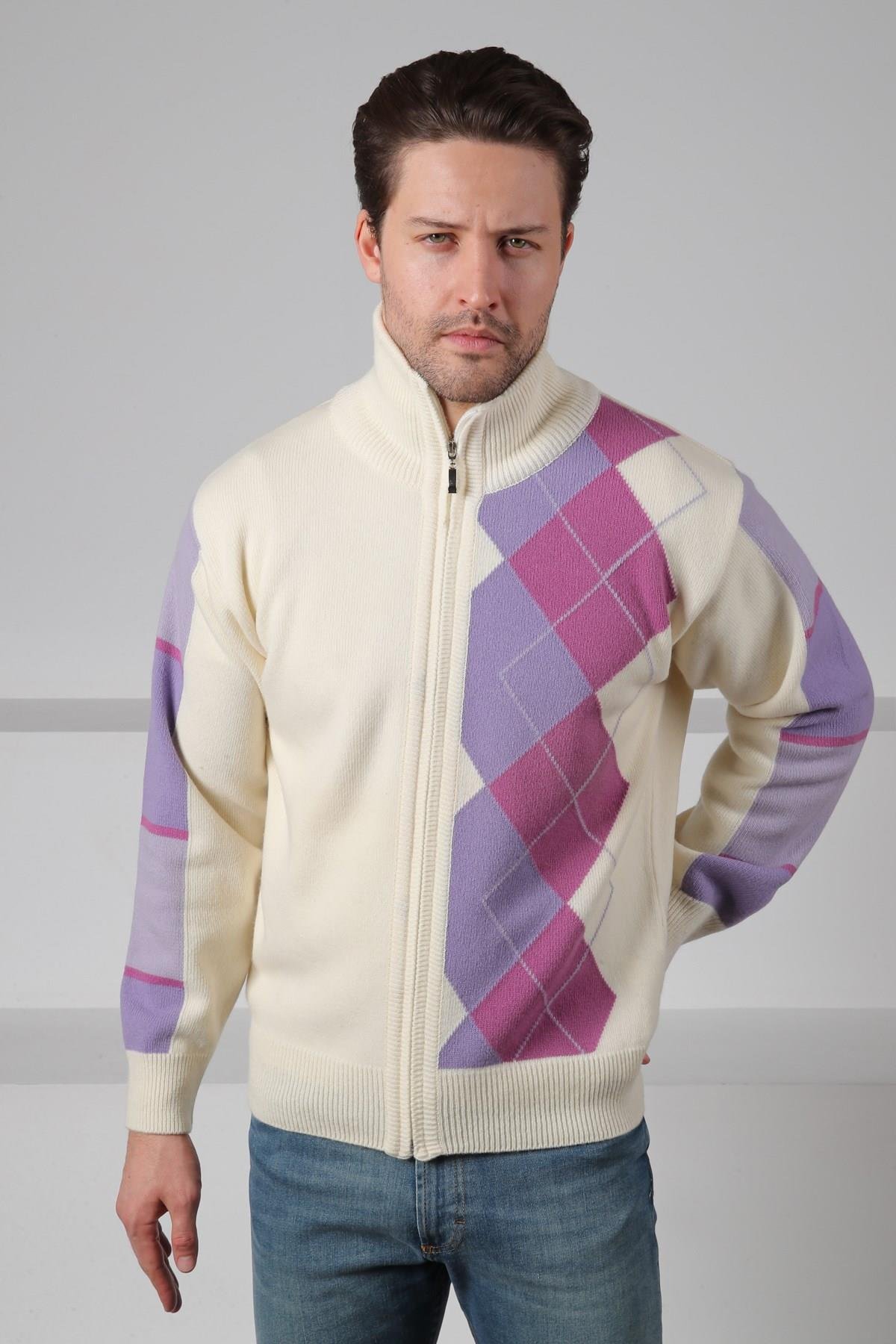Ferraro Ekru/Lila Balıkçı Yaka Fermuarlı Diyagonal Desenli Uzun Kollu %100 Kuzu Yünü Erkek Triko Ceket