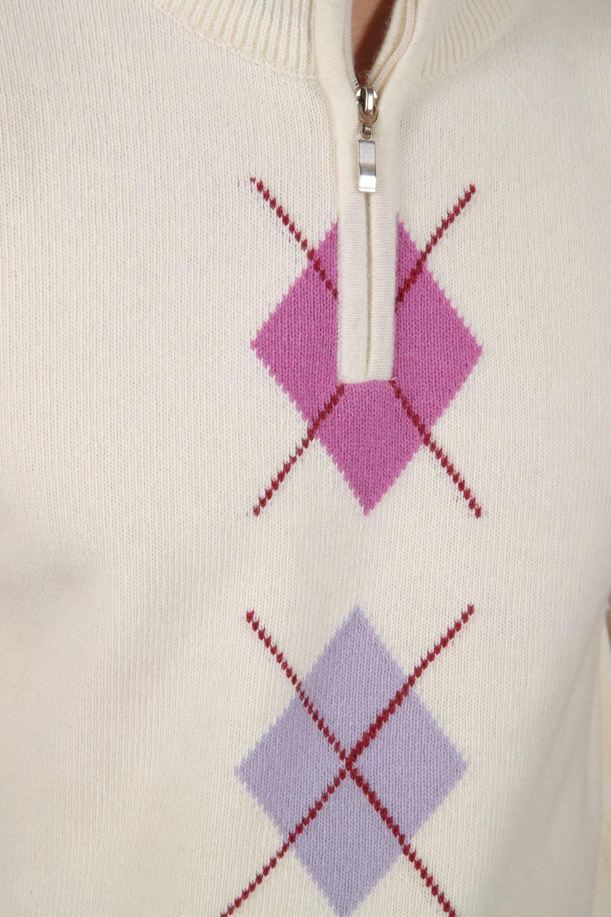 Ferraro Ekru/Lila Balıkçı Yaka Fermuarlı Pembe Lila Desenli Uzun Kollu %100 Kuzu Yünü Erkek Triko Kazak