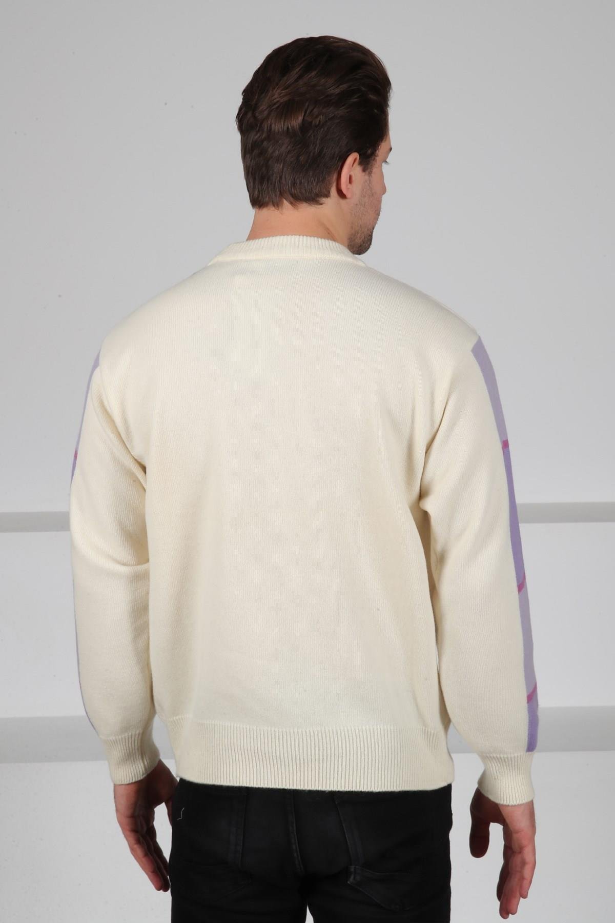 Ferraro Ekru/Lila Bisiklet Yaka Diyagonal Desenli Uzun Kollu %100 Kuzu Yünü Erkek Triko Kazak