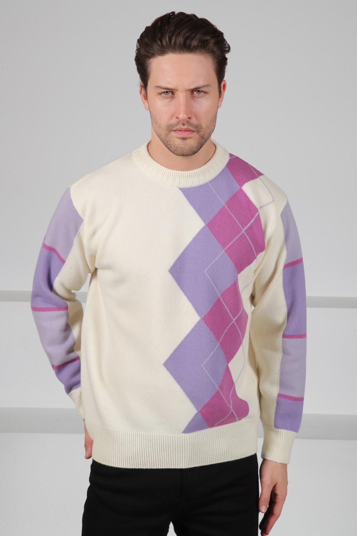 Ferraro Ekru/Lila Bisiklet Yaka Diyagonal Desenli Uzun Kollu %100 Kuzu Yünü Erkek Triko Kazak