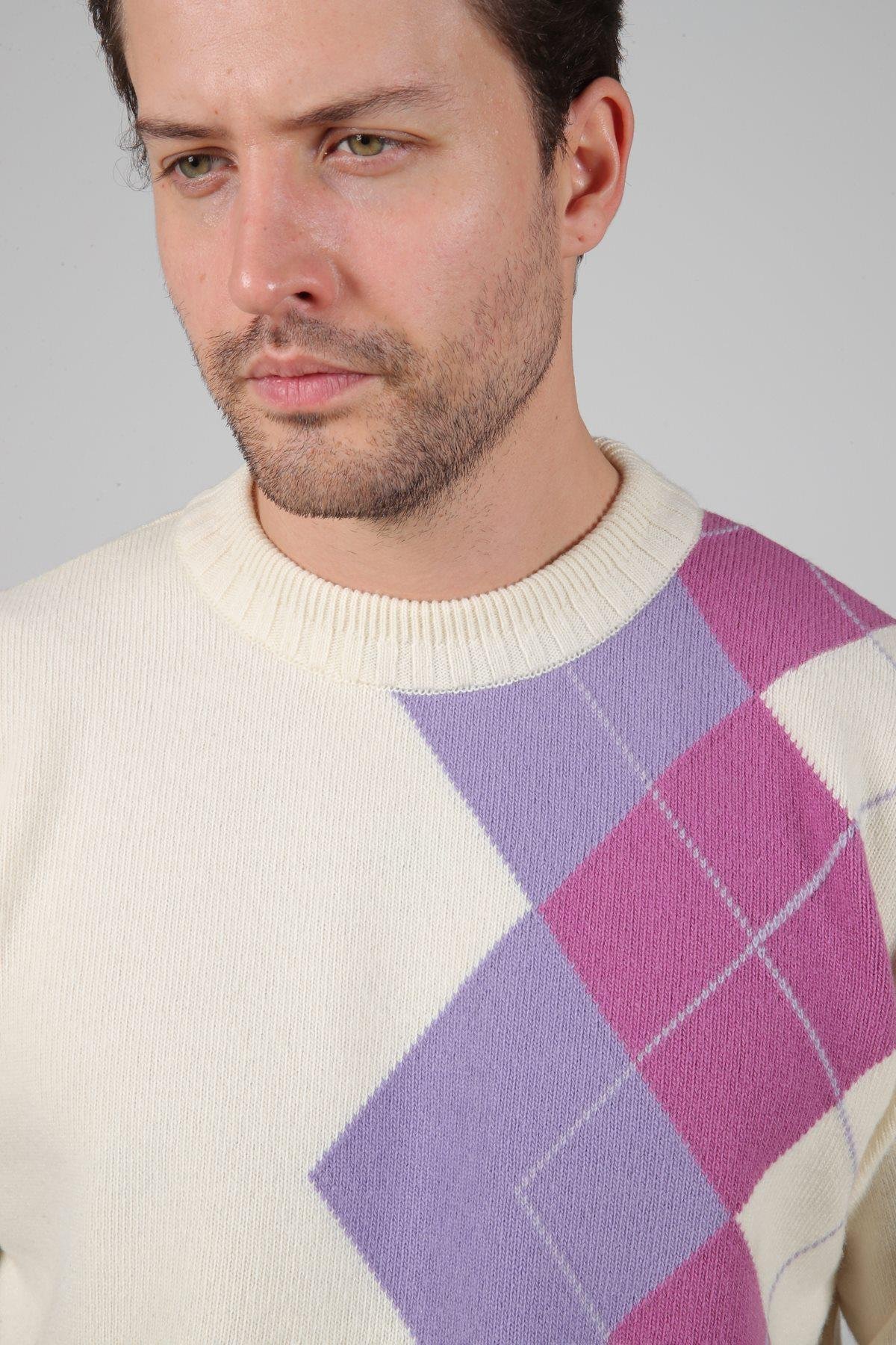 Ferraro Ekru/Lila Bisiklet Yaka Diyagonal Desenli Uzun Kollu %100 Kuzu Yünü Erkek Triko Kazak