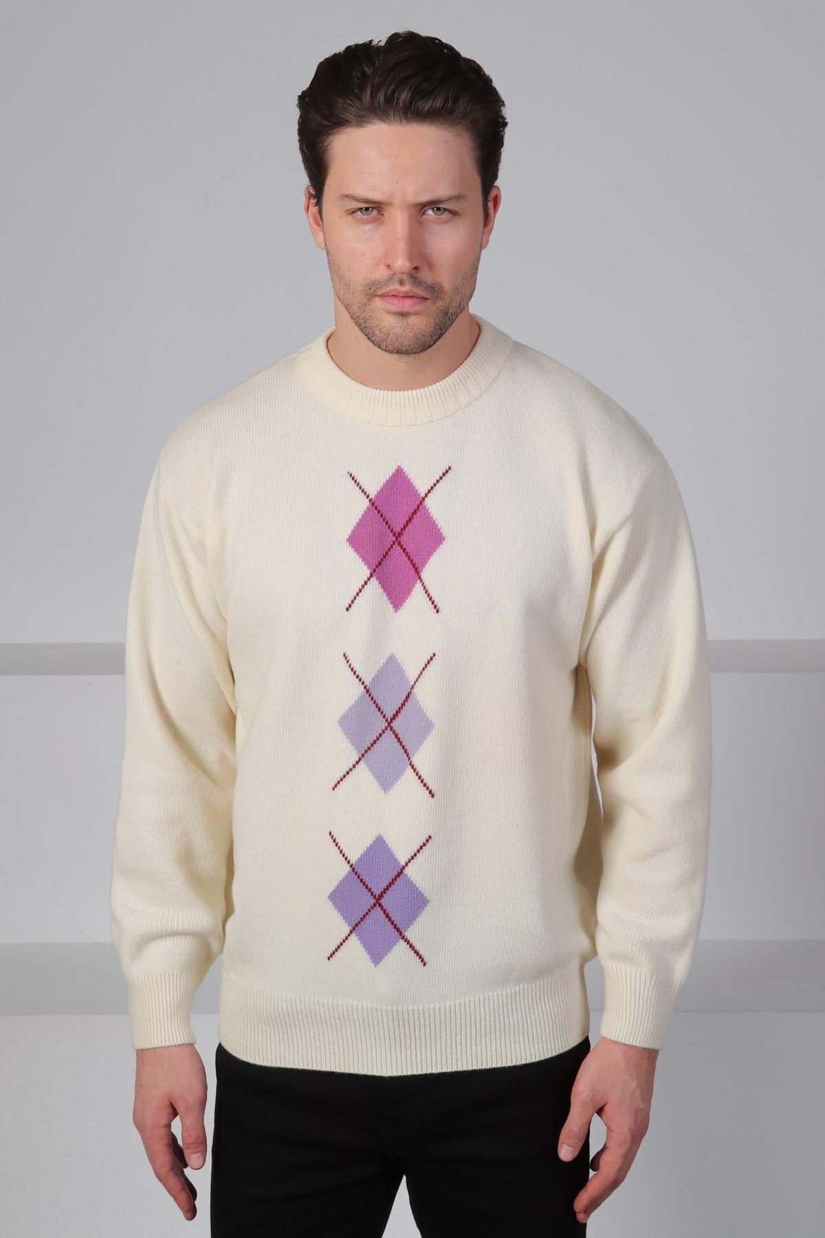 Ferraro Ekru/Lila Bisiklet Yaka Pembe Lila Desenli Uzun Kollu %100 Kuzu Yünü Erkek Triko Kazak