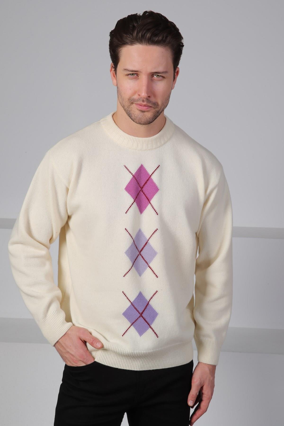 Ferraro Ekru/Lila Bisiklet Yaka Pembe Lila Desenli Uzun Kollu %100 Kuzu Yünü Erkek Triko Kazak