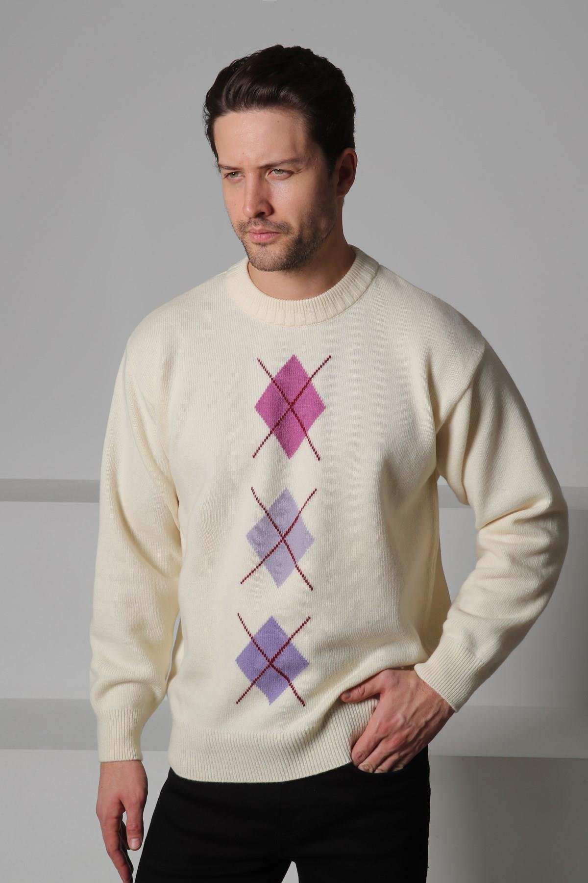 Ferraro Ekru/Lila Bisiklet Yaka Pembe Lila Desenli Uzun Kollu %100 Kuzu Yünü Erkek Triko Kazak
