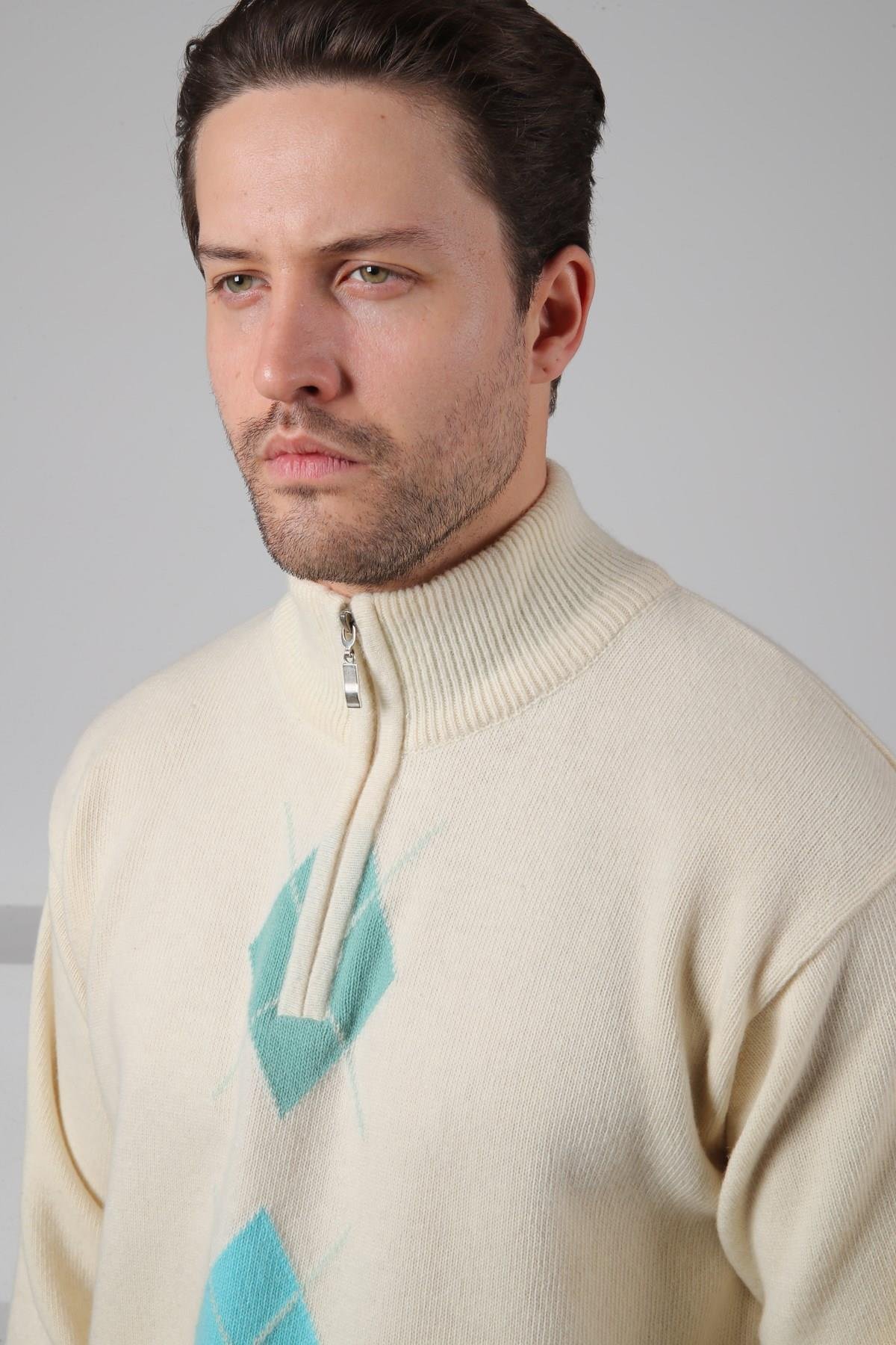 Ferraro Ekru/Turkuaz Balıkçı Yaka Fermuarlı Turkuaz Mint Yeşili Desenli Uzun Kollu %100 Kuzu Yünü Erkek Triko Kazak