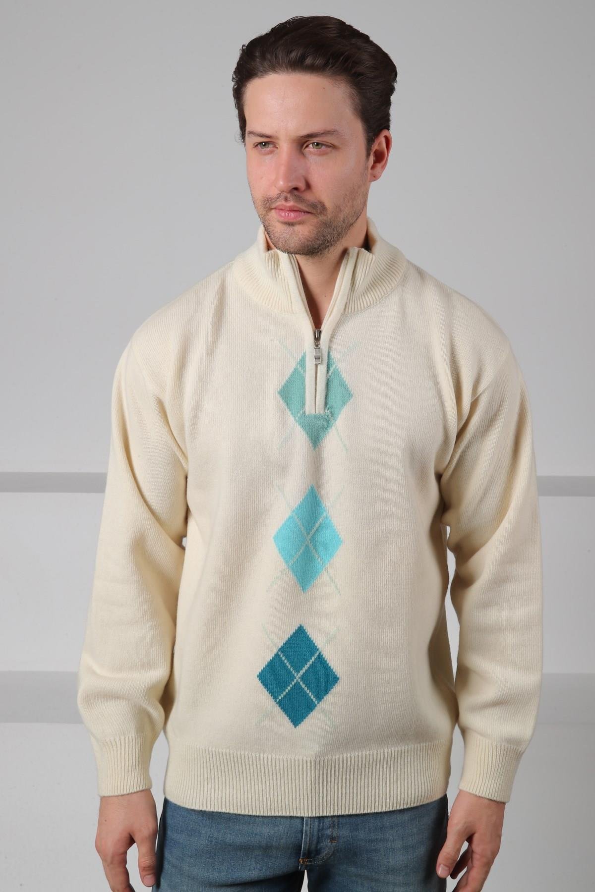 Ferraro Ekru/Turkuaz Balıkçı Yaka Fermuarlı Turkuaz Mint Yeşili Desenli Uzun Kollu %100 Kuzu Yünü Erkek Triko Kazak