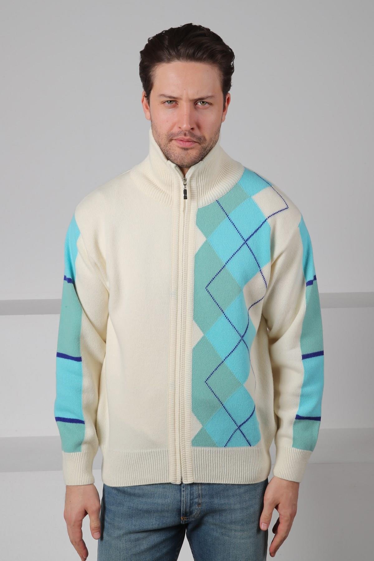 Ferraro Ekru/Turkuaz Balıkçı Yaka Fermuarlı Diyagonal Desenli Uzun Kollu %100 Kuzu Yünü Erkek Triko Ceket