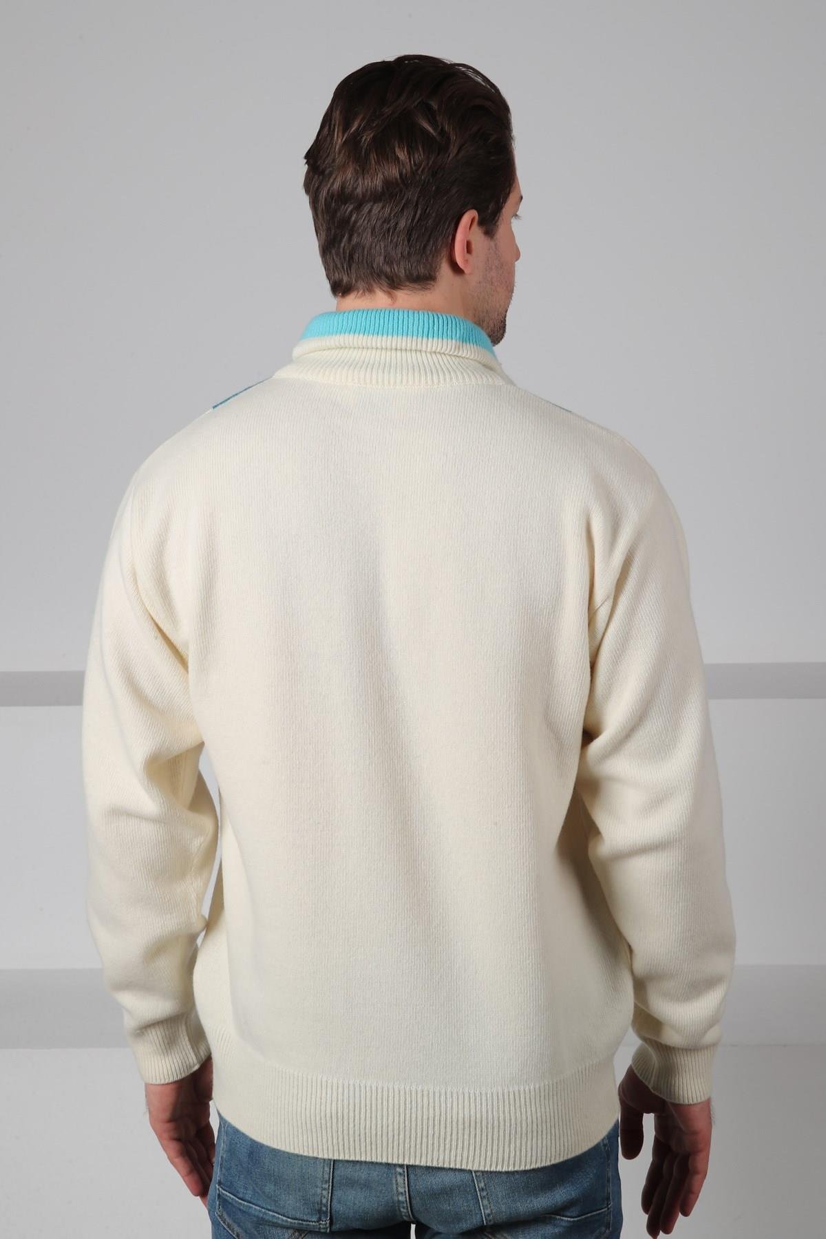 Ferraro Ekru/Turkuaz Balıkçı Yaka Fermuarlı Geometrik Zigzag Desenli Uzun Kollu %100 Kuzu Yünü Erkek Triko Kazak