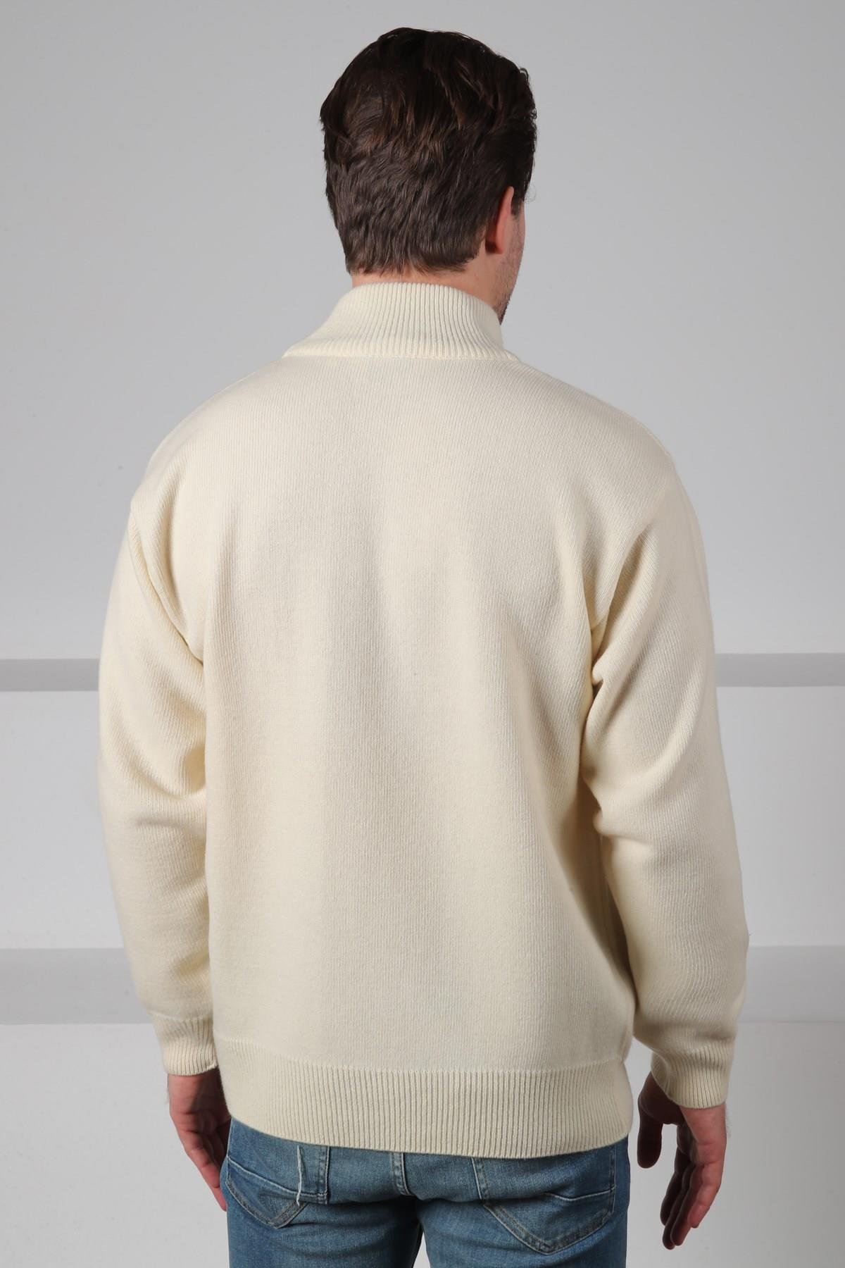 Ferraro Ekru/Turkuaz Balıkçı Yaka Fermuarlı Turkuaz Mint Yeşili Desenli Uzun Kollu %100 Kuzu Yünü Erkek Triko Kazak