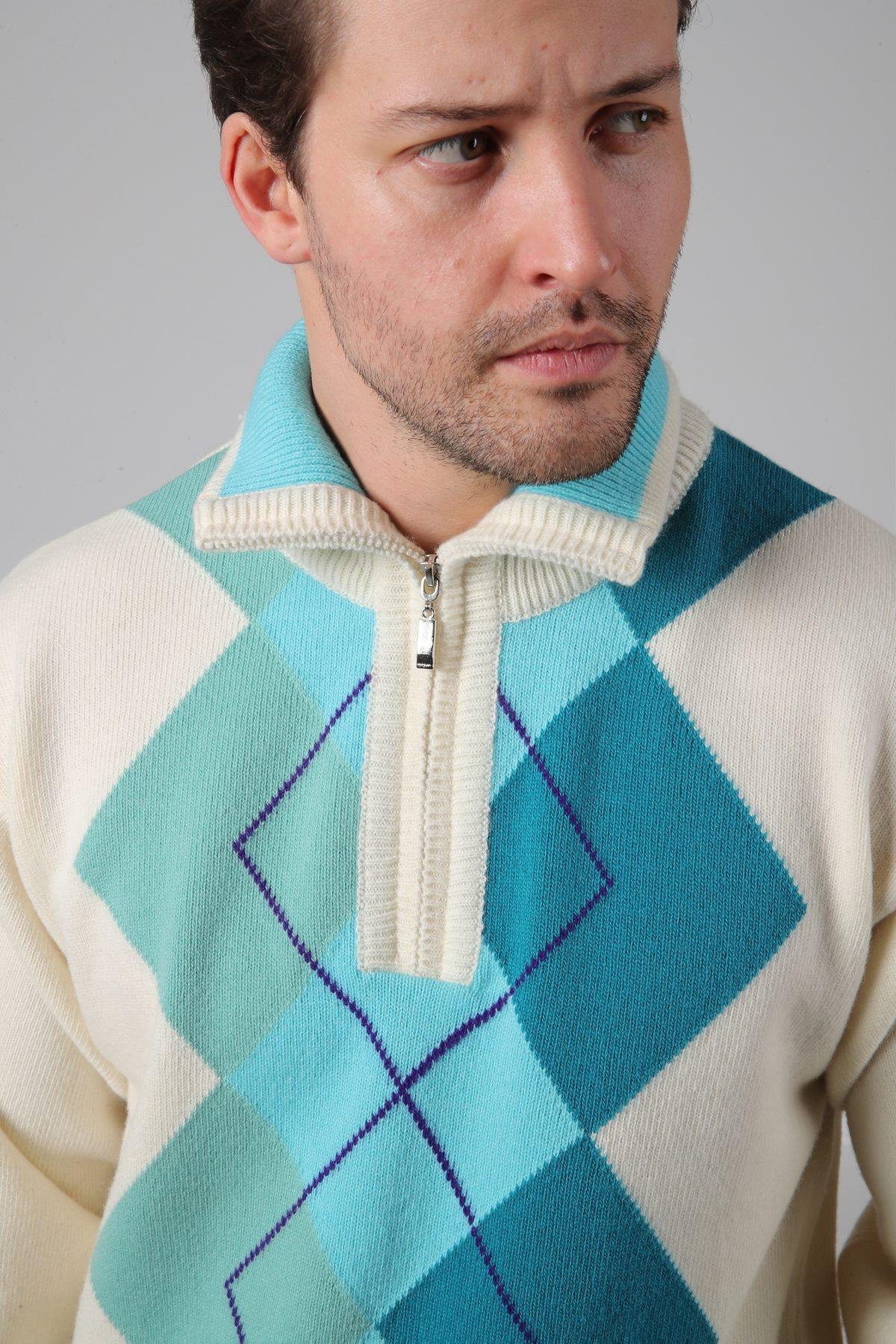 Ferraro Ekru/Turkuaz Balıkçı Yaka Fermuarlı Geometrik Zigzag Desenli Uzun Kollu %100 Kuzu Yünü Erkek Triko Kazak