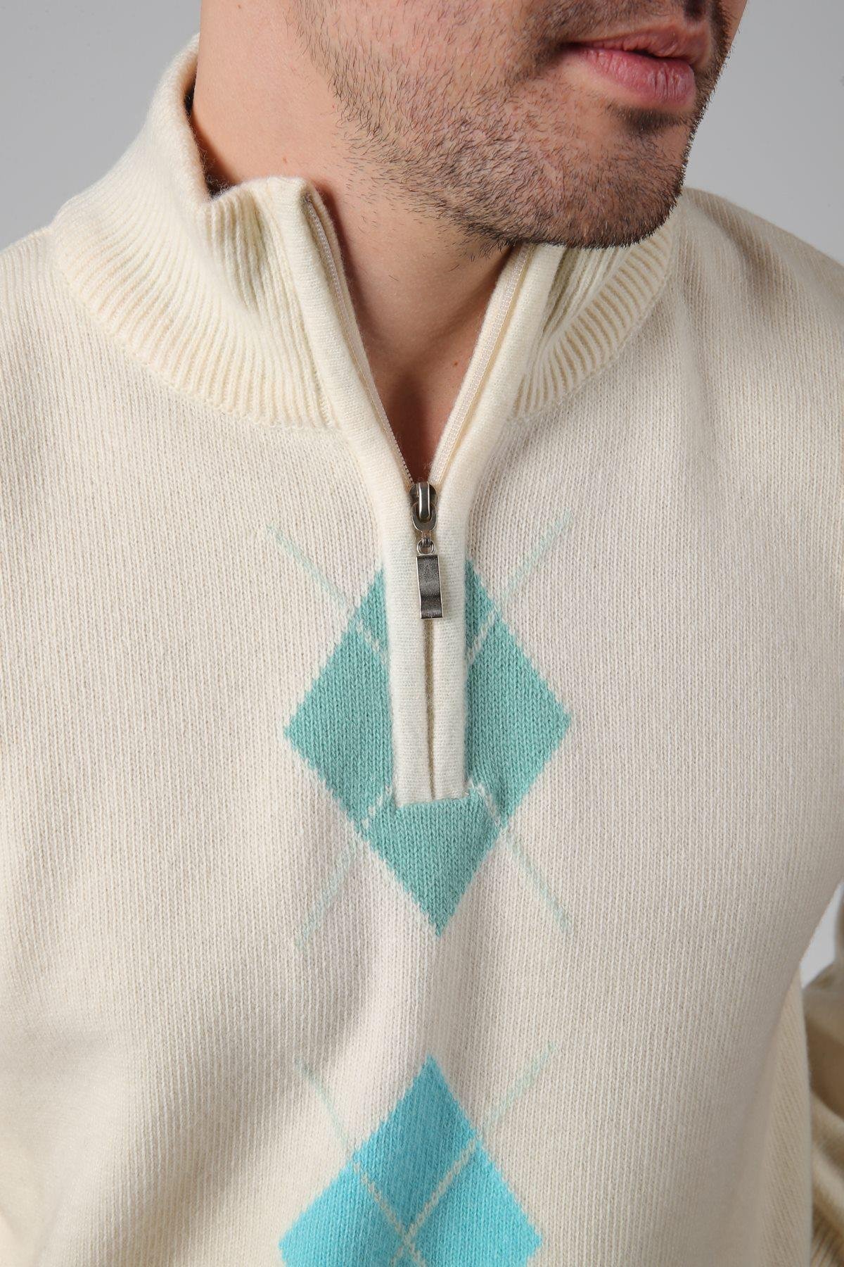 Ferraro Ekru/Turkuaz Balıkçı Yaka Fermuarlı Turkuaz Mint Yeşili Desenli Uzun Kollu %100 Kuzu Yünü Erkek Triko Kazak