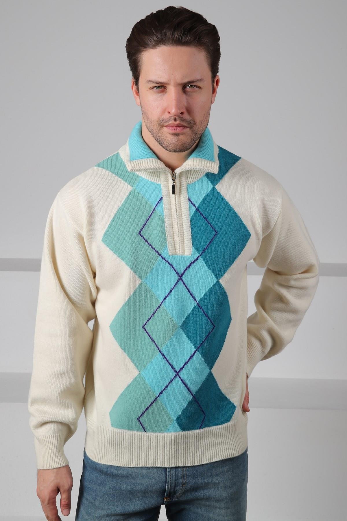 Ferraro Ekru/Turkuaz Balıkçı Yaka Fermuarlı Geometrik Zigzag Desenli Uzun Kollu %100 Kuzu Yünü Erkek Triko Kazak
